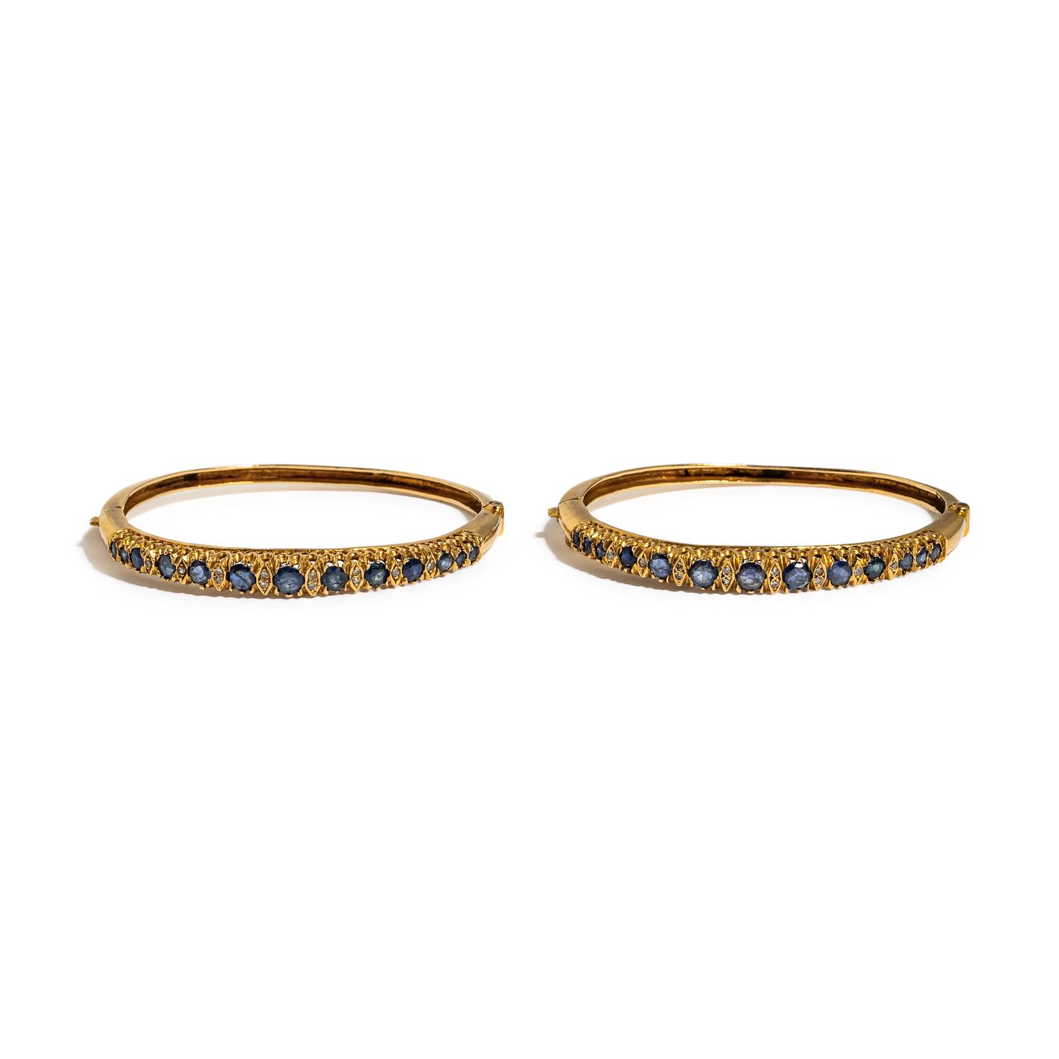 PAIR OF YELLOW GOLD, SAPPHIRE, AND DIAMOND BANGLE BRACELETS