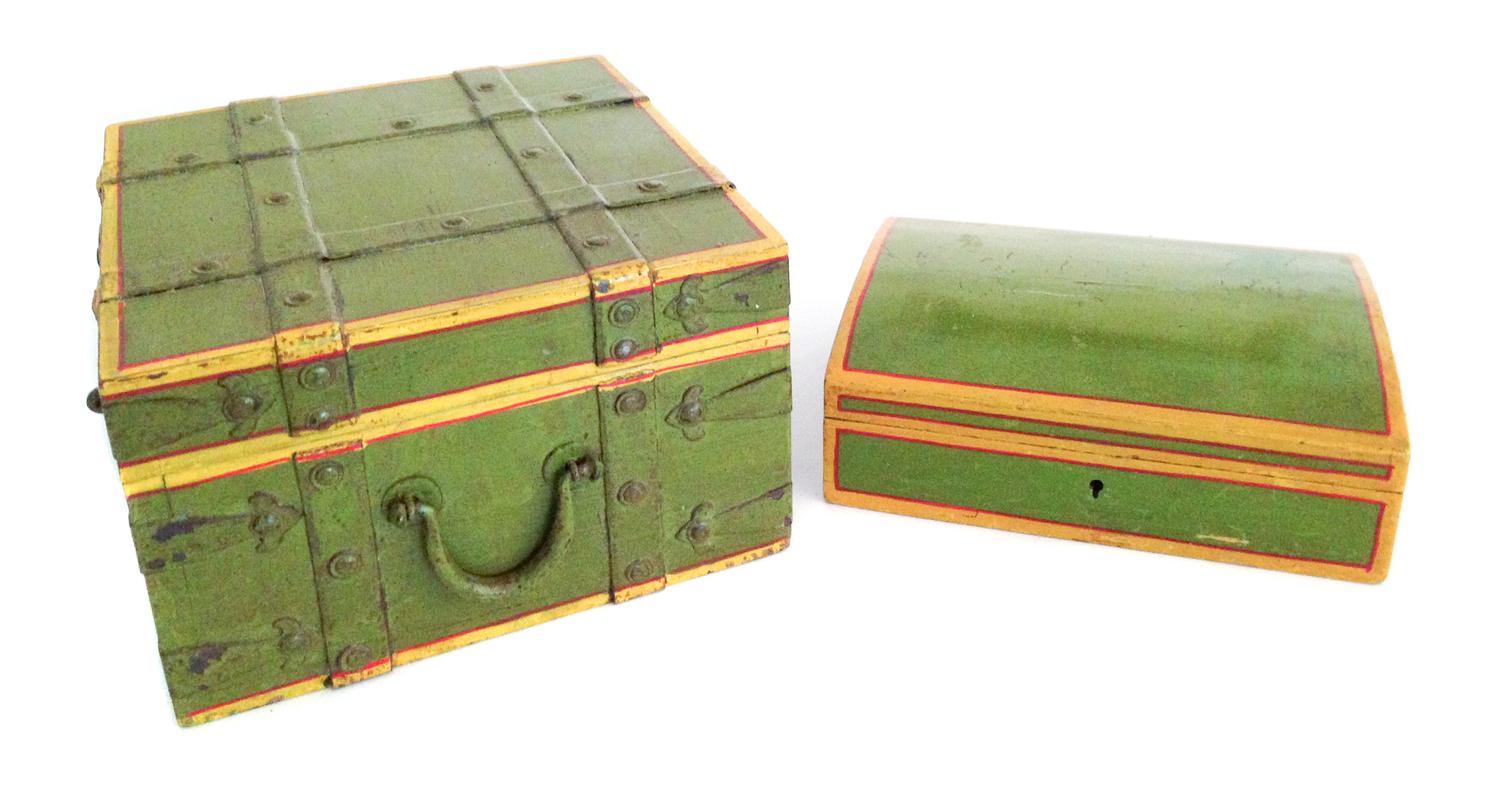 Three Assorted Decorated Wood Boxes Length of larger 20 1/4 inches.