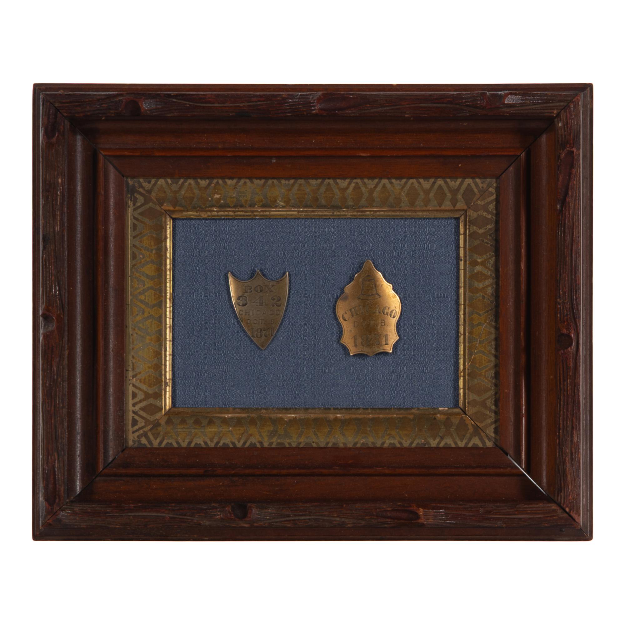 [Chicago Fire]. A pair of Chicago Fire bell badges, 1871.