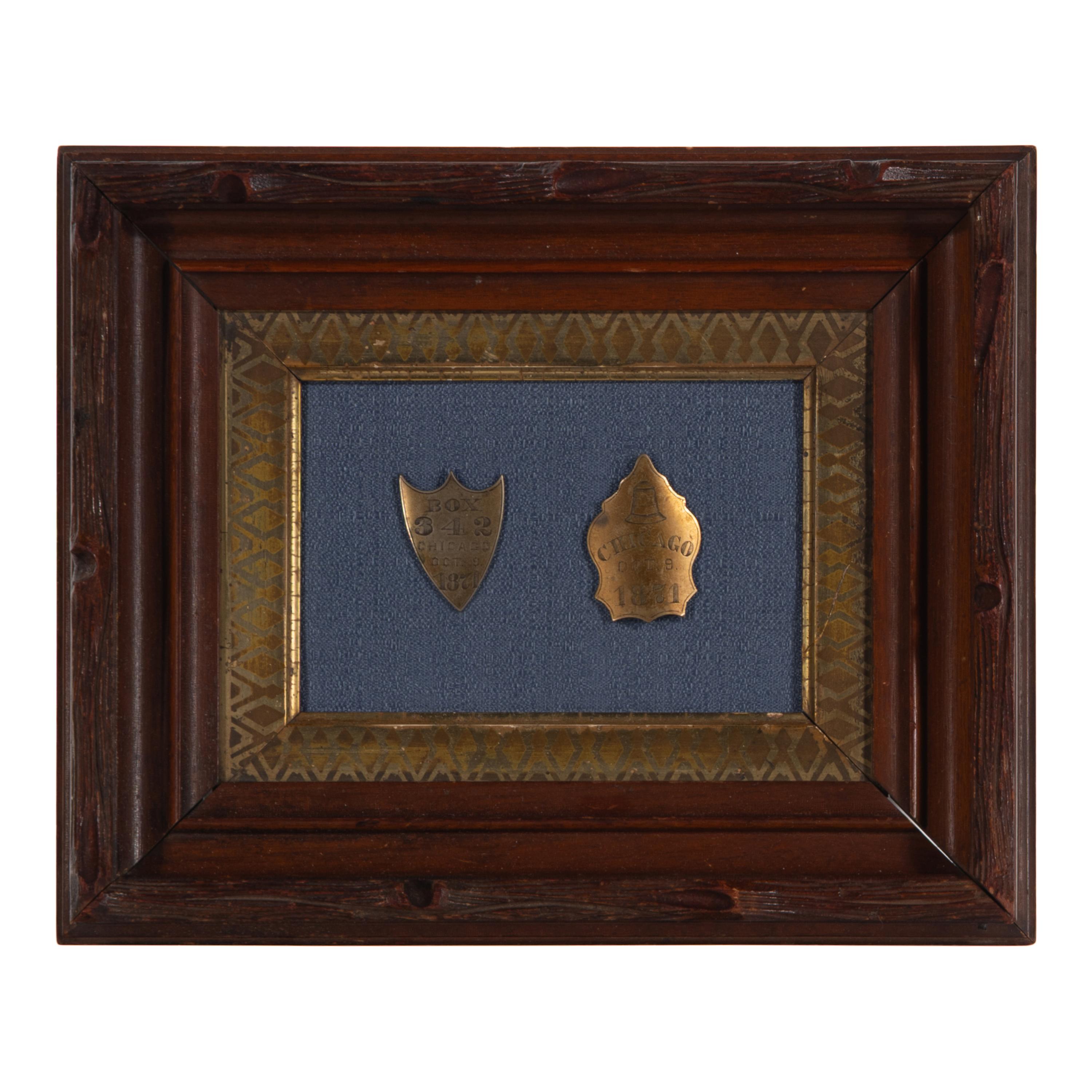 [Chicago Fire]. A pair of Chicago Fire bell badges, 1871.