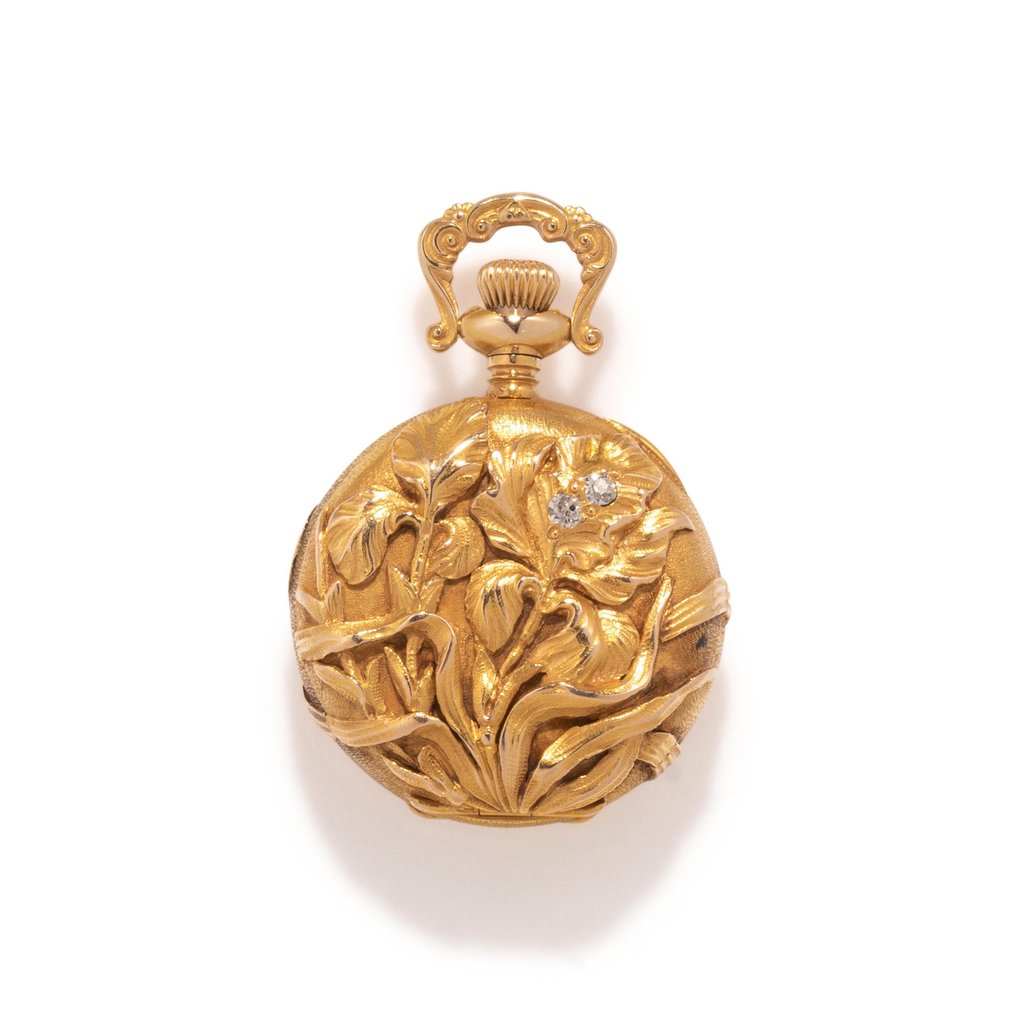 ART NOUVEAU, ELGIN, 14K YELLOW GOLD AND DIAMOND POCKET WATCH