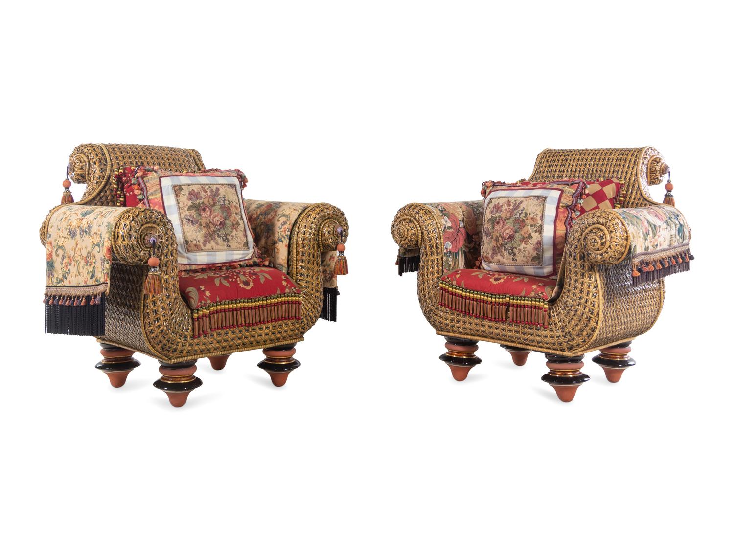 A Pair of Mackenzie Childs Whimsical Raffia and Upholstery Armchairs