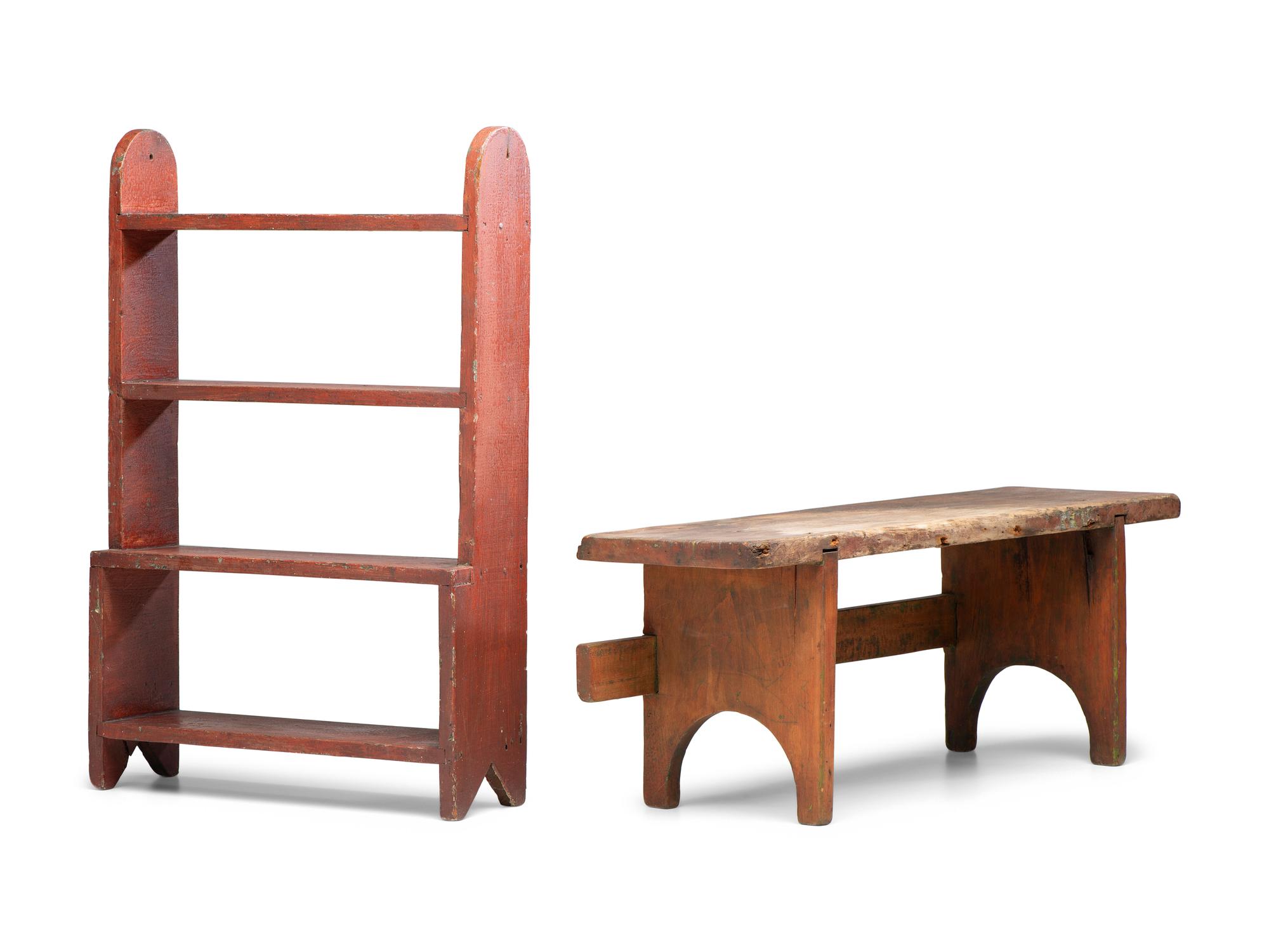 A Paint Decorated Miniature Wood Bucket Bench and Bench