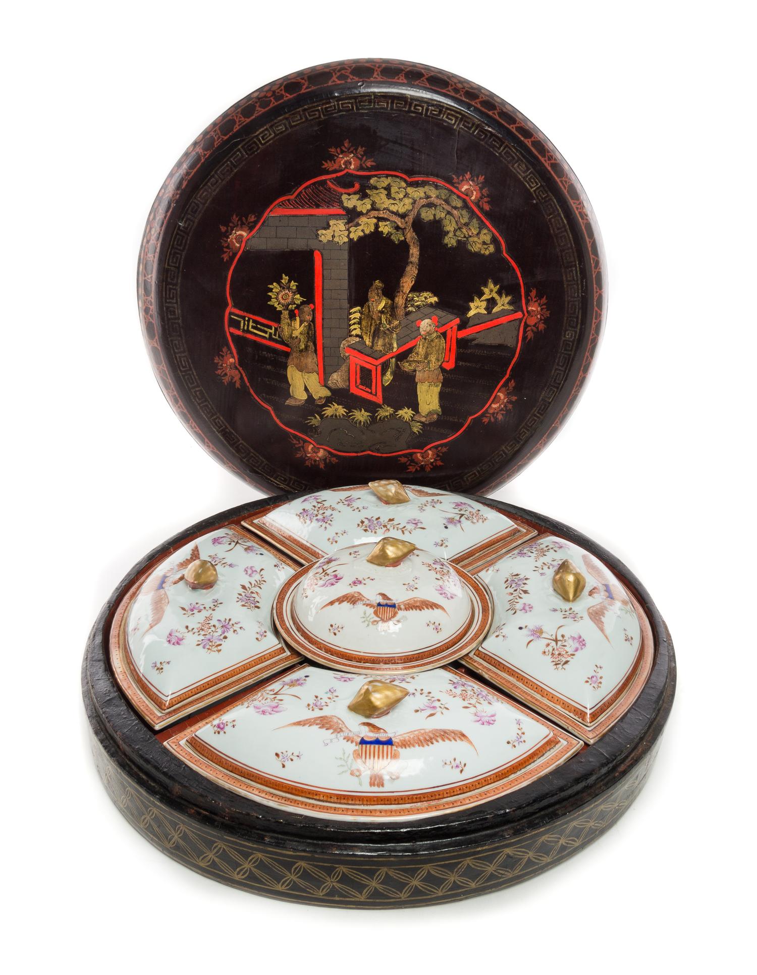 A Chinese Export Porcelain and Lacquered Serving Set Diameter 21 3/4 inches. — 19TH CENTURY