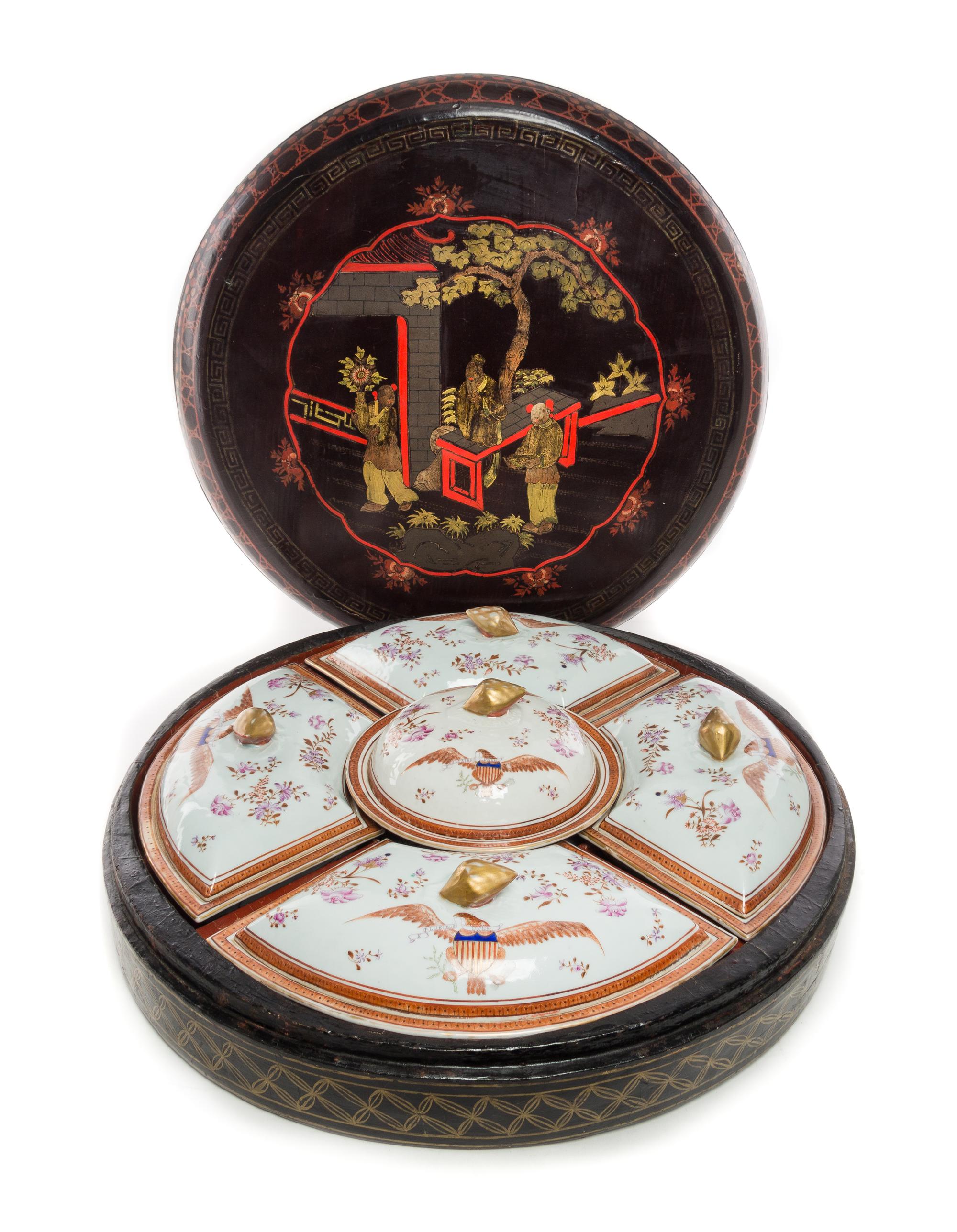 A Chinese Export Porcelain and Lacquered Serving Set Diameter 21 3/4 inches. — 19TH CENTURY