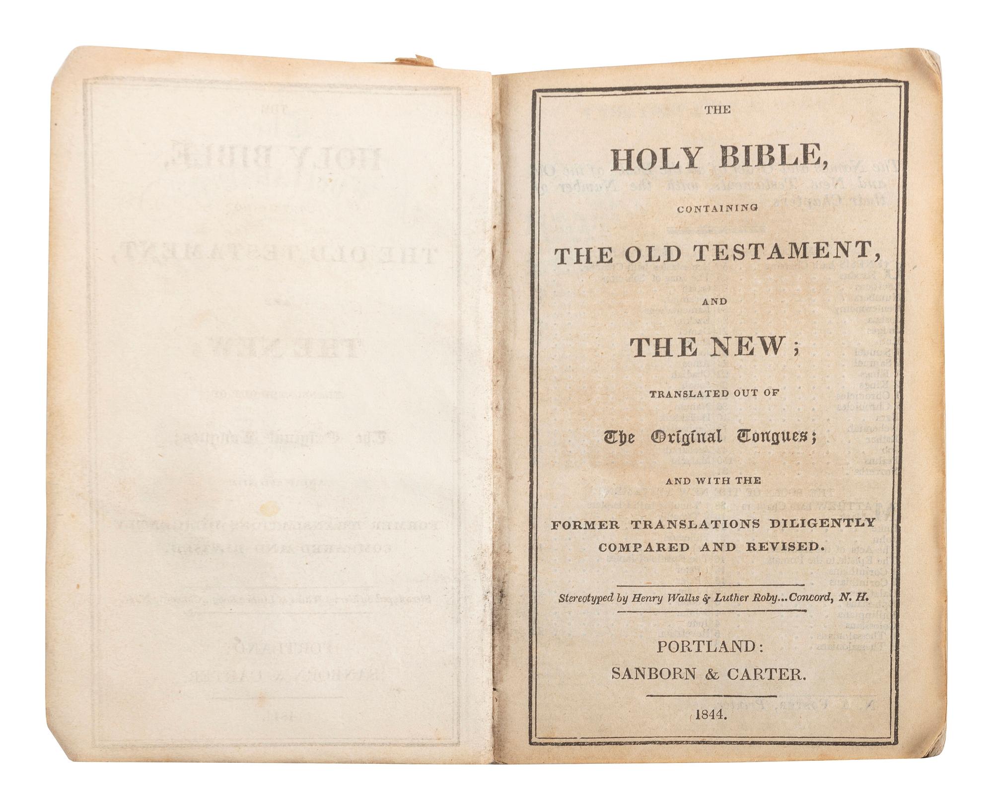 [CIVIL WAR]. Bible identified to CSA Private W.J. Bruce, 7th TN Infantry, found at the Battle of Resaca by Union Private J.A. Richmond, 103rd OH Infantry.