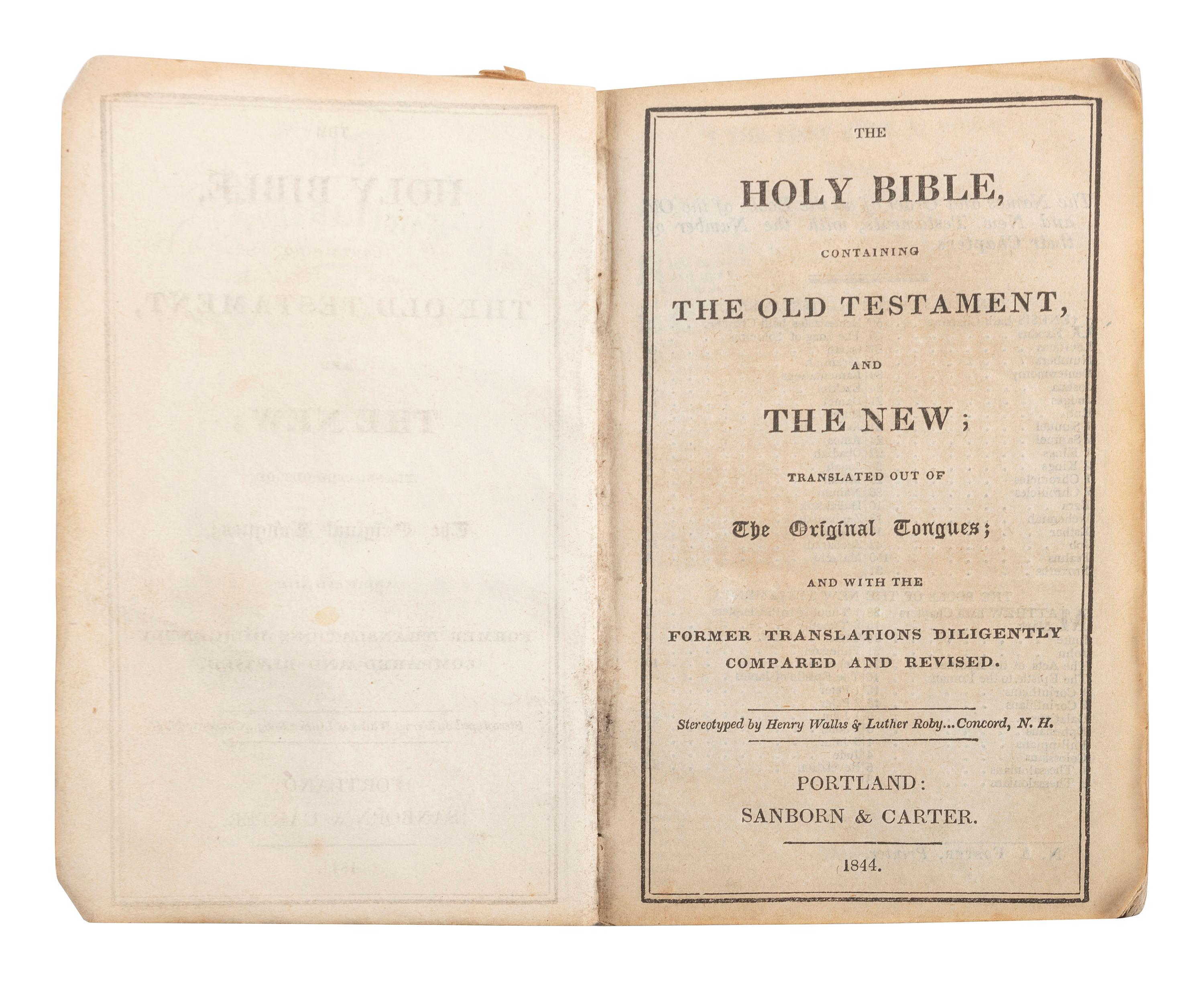[CIVIL WAR]. Bible identified to CSA Private W.J. Bruce, 7th TN Infantry, found at the Battle of Resaca by Union Private J.A. Richmond, 103rd OH Infantry.
