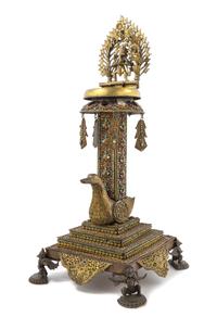 A Nepalese Turquoise and Hardstone Inset Gilt Metal Sculpture LATE 19TH/EARLY 20TH CENTURY Height 25 1/2 inches. — LATE 19TH/EARLY 20TH CENTURY