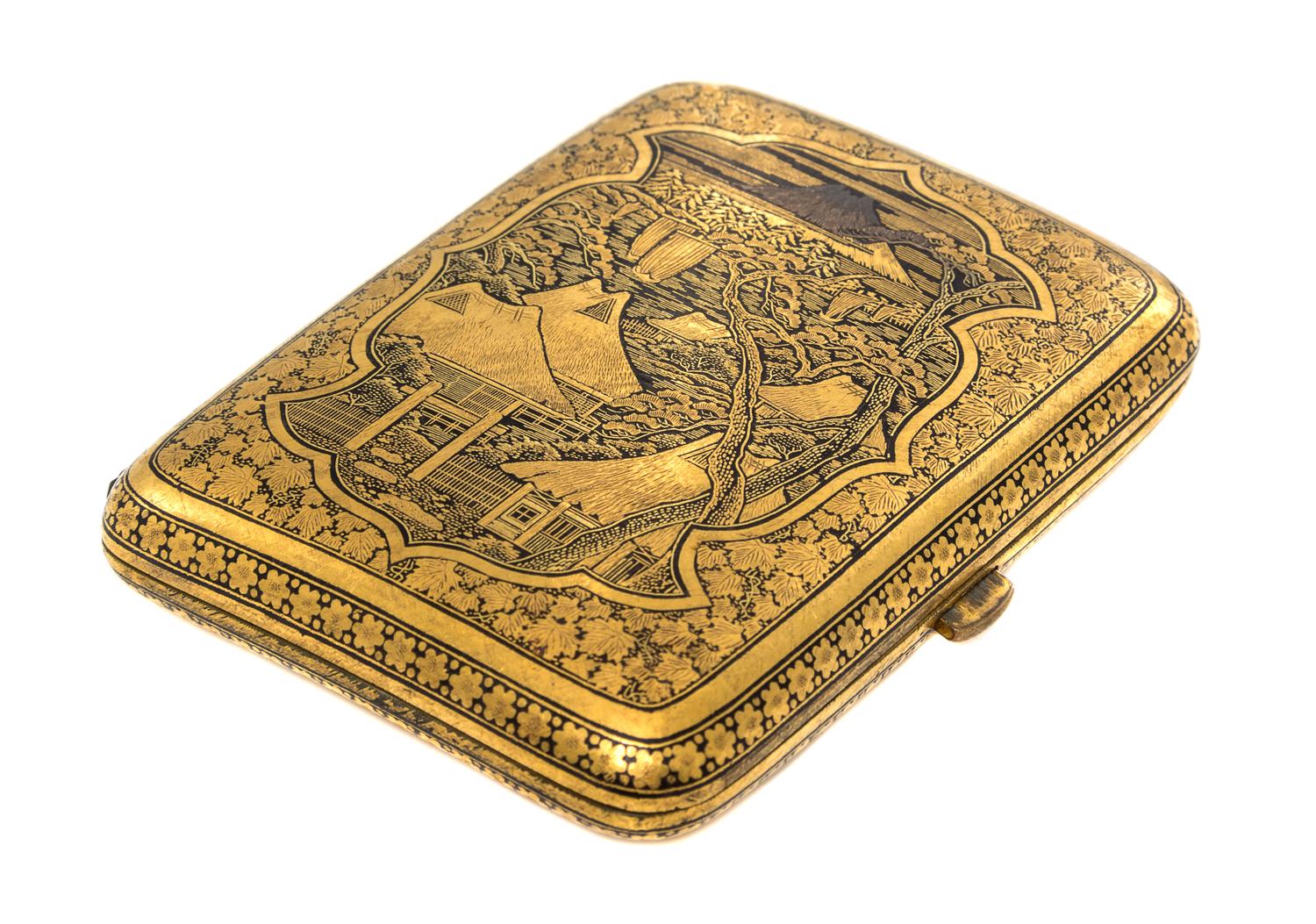 A Japanese Gilt Decorated Silver Cigarette Case, 20th Century, decorated with a mountain view, the reverse with birds in a garden setti