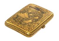 A Japanese Gilt Decorated Silver Cigarette Case, 20th Century, decorated with a mountain view, the reverse with birds in a garden setti