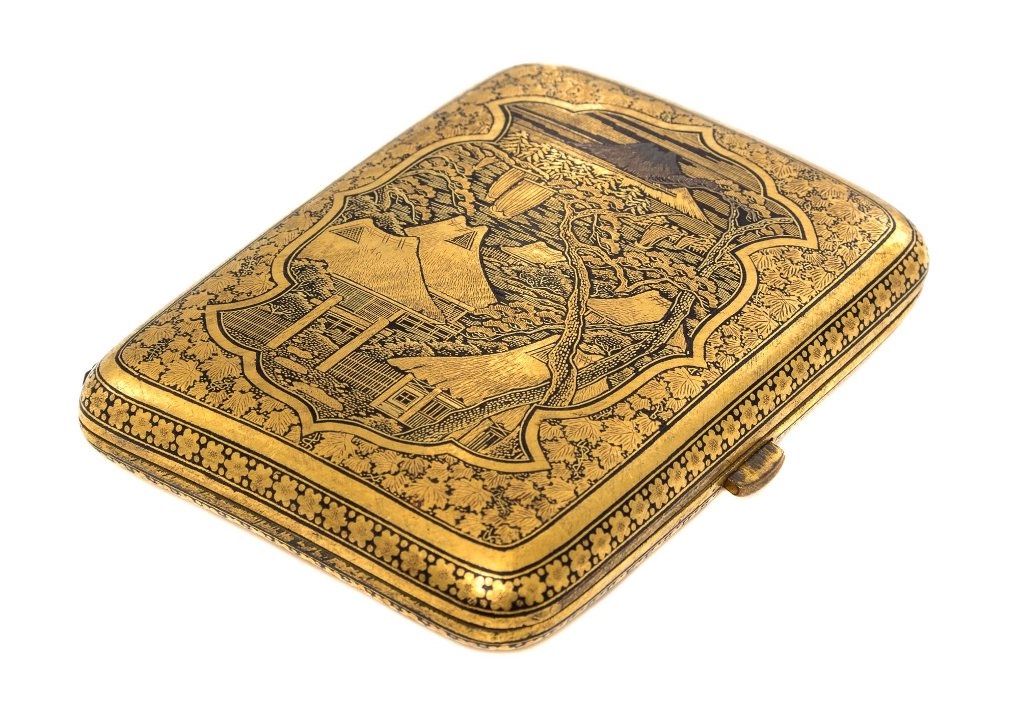 A Japanese Gilt Decorated Silver Cigarette Case, 20th Century, decorated with a mountain view, the reverse with birds in a garden setti