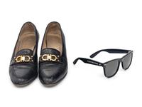 A Custom Glen Plaid Two Piece Suit, Salvatore Ferragamo Shoes, A Pair of Clinton-Gore Sunglasses, and Black Floral Brooch