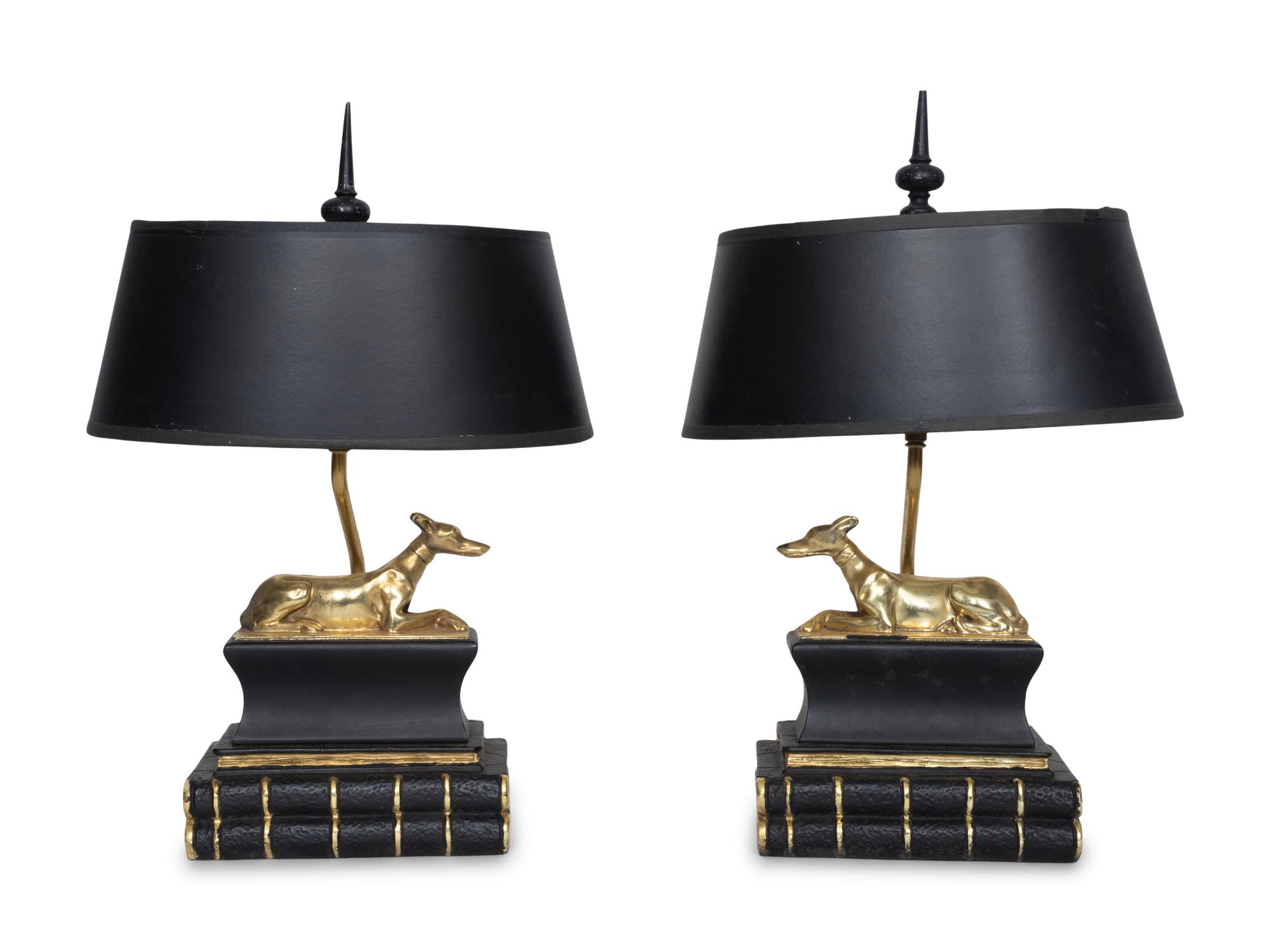 A Pair of Chapman Parcel Gilt Recumbent Canine Lamps
