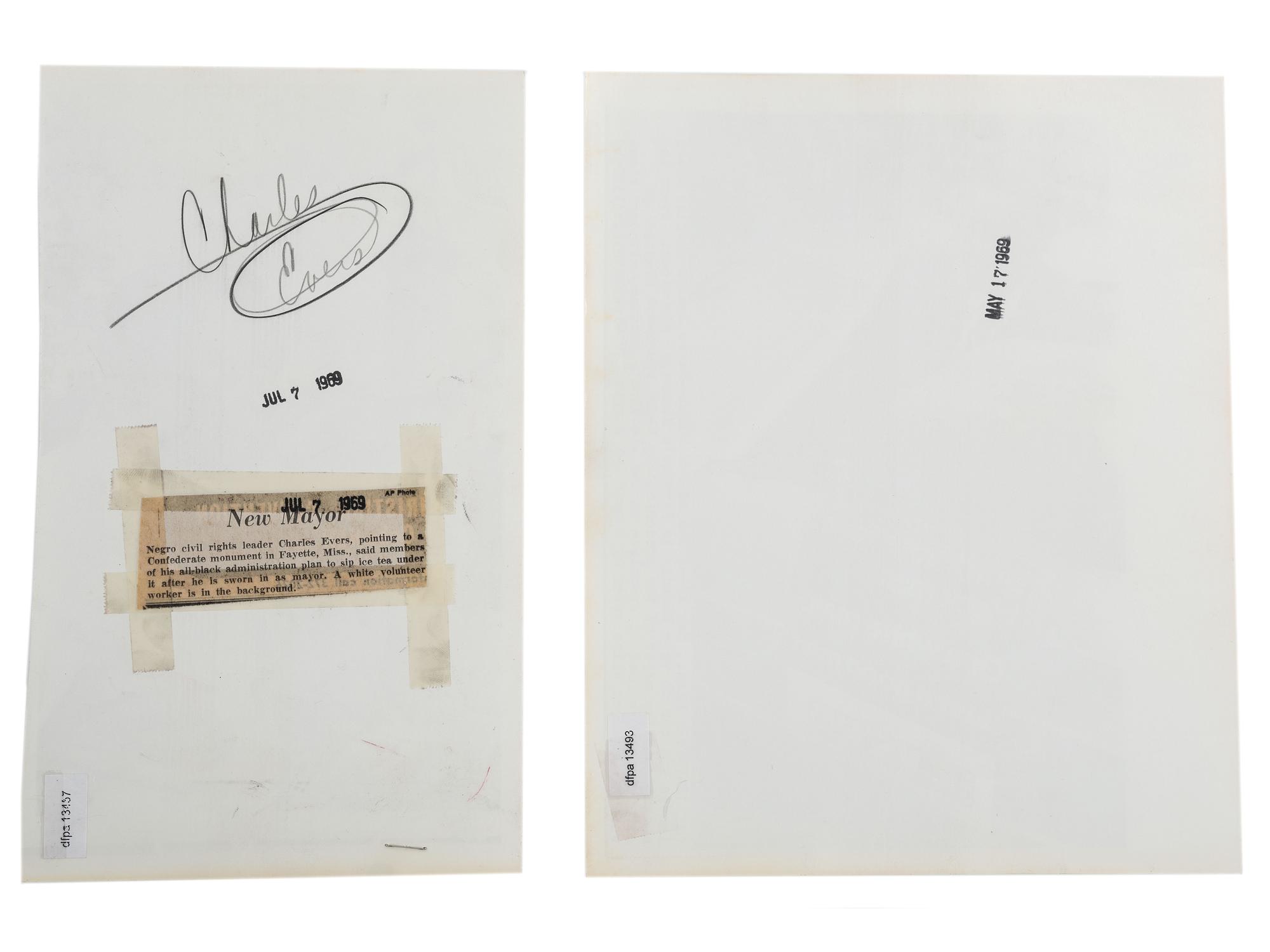 [CIVIL RIGHTS]. EVERS, Charles (1922-2020). A group of 3 items involving the African American mayor and civil rights leader, incl. document signed and press photographs.