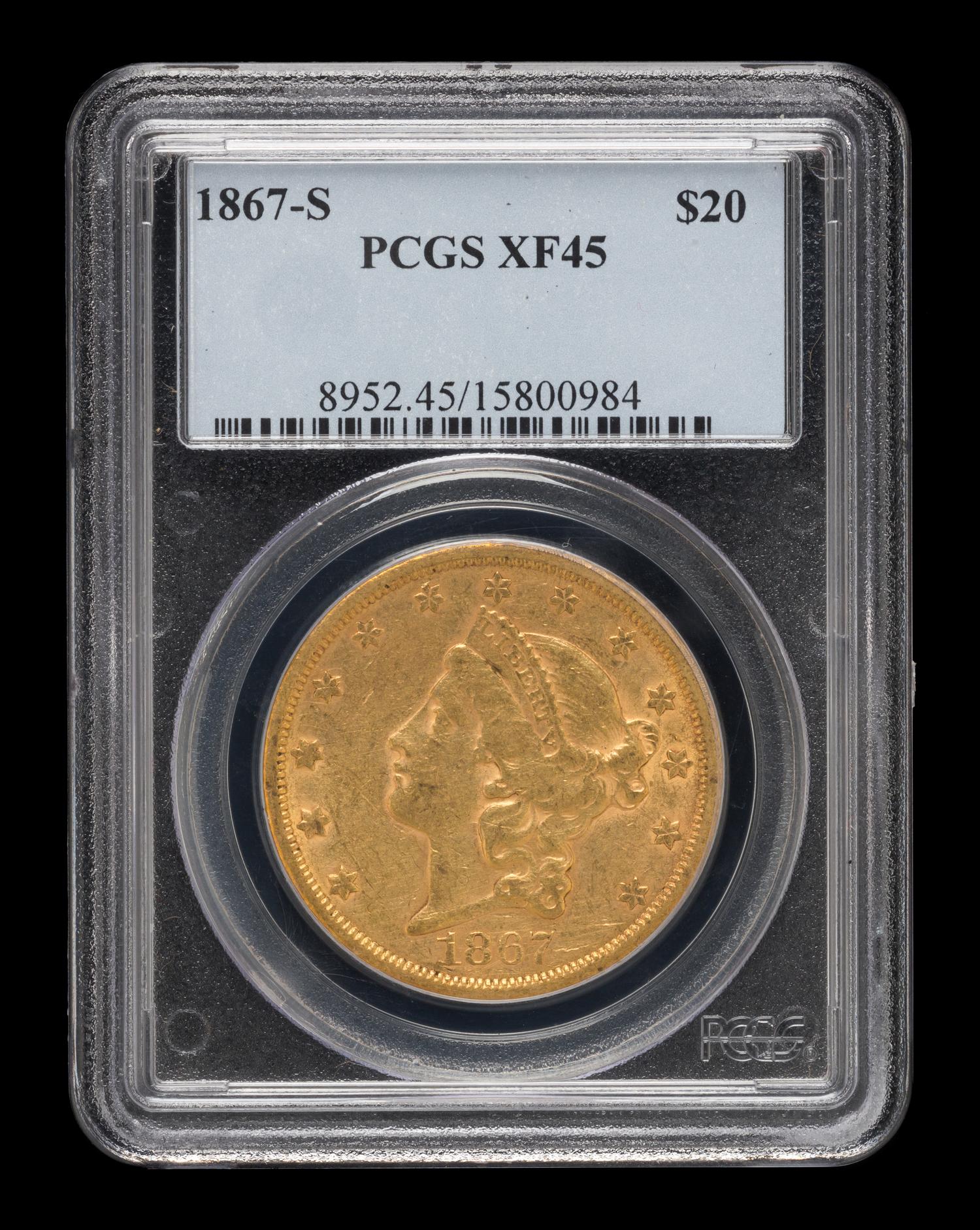 A United States 1867-S Liberty Head $20 Gold Coin