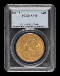 A United States 1867-S Liberty Head $20 Gold Coin