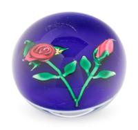 A Charles Kaziun Jr. Red Rope Rose and Bud on Blue Ground Glass Paperweight