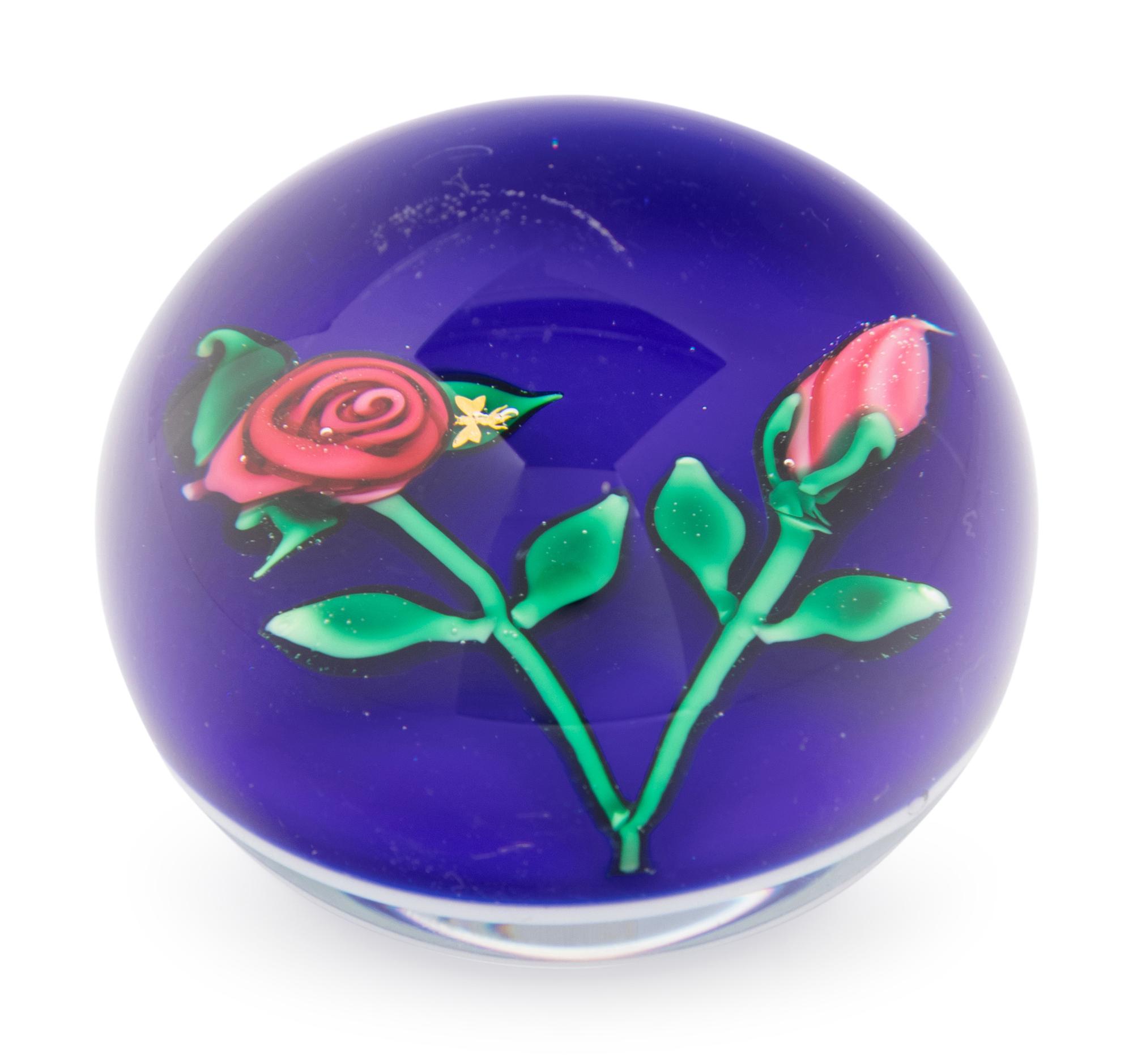 A Charles Kaziun Jr. Red Rope Rose and Bud on Blue Ground Glass Paperweight