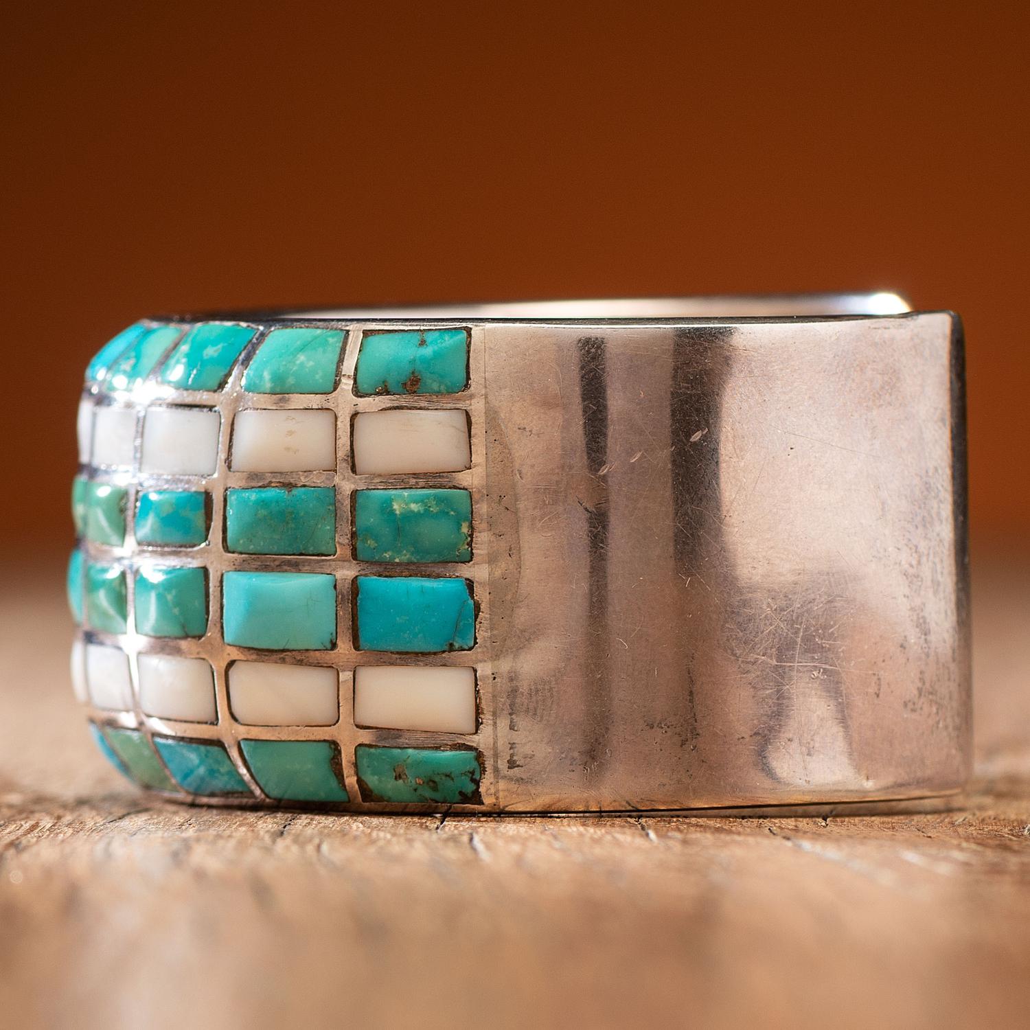 Zuni Silver Cuff Bracelet, with Turquoise and Shell Inlay