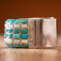 Zuni Silver Cuff Bracelet, with Turquoise and Shell Inlay