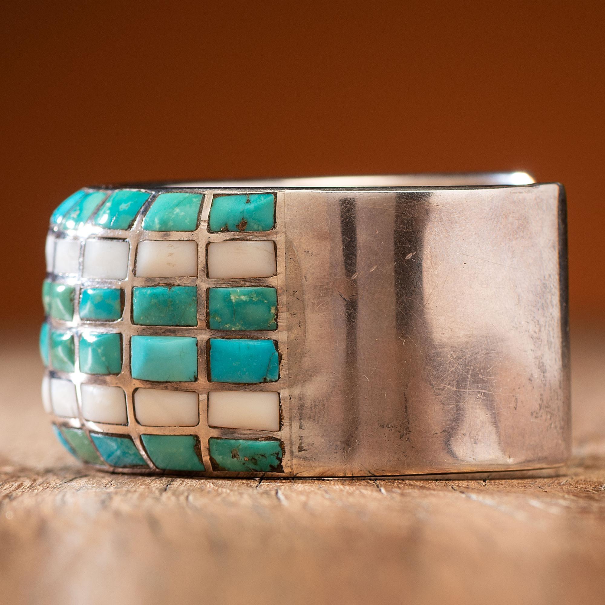 Zuni Silver Cuff Bracelet, with Turquoise and Shell Inlay