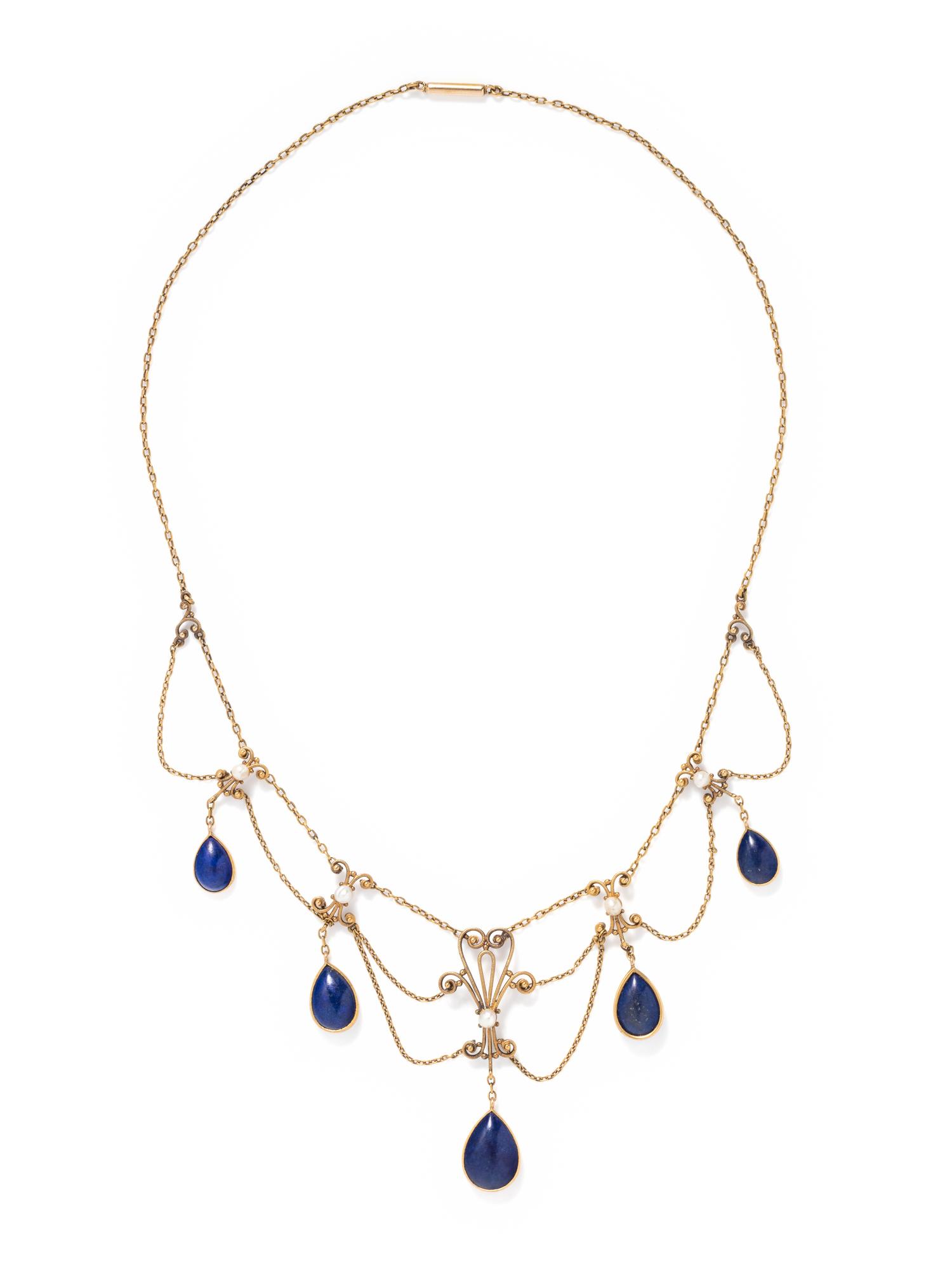 ANTIQUE, YELLOW GOLD, LAPIS LAZULI AND SEED PEARL SWAG NECKLACE
