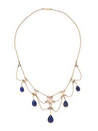 ANTIQUE, YELLOW GOLD, LAPIS LAZULI AND SEED PEARL SWAG NECKLACE