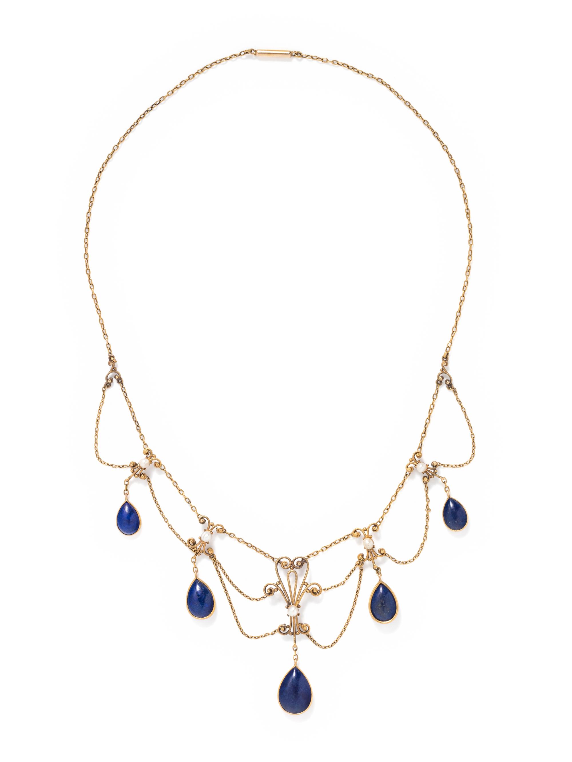 ANTIQUE, YELLOW GOLD, LAPIS LAZULI AND SEED PEARL SWAG NECKLACE