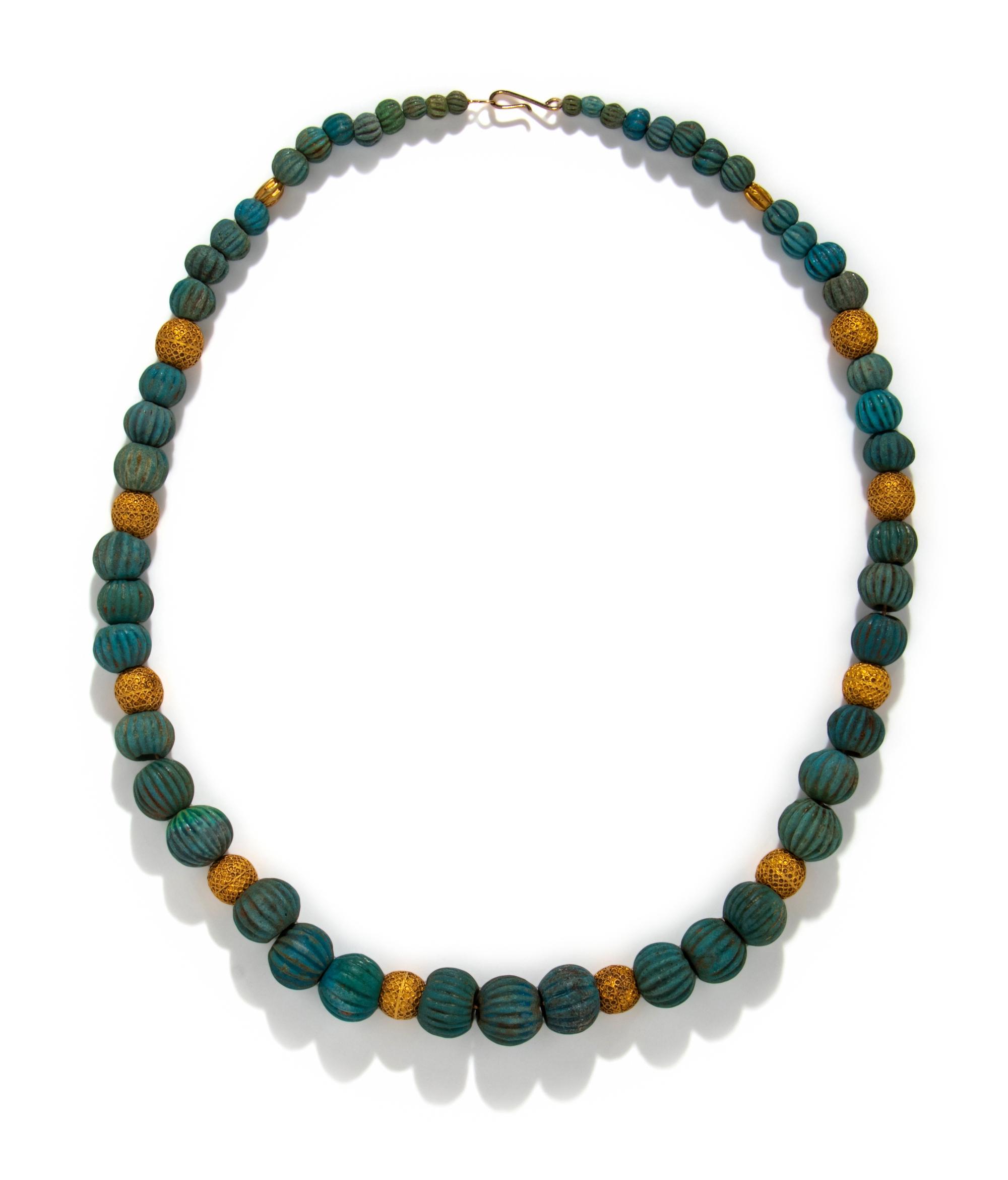 An Egyptian Faience and Gold Melon Bead Necklace