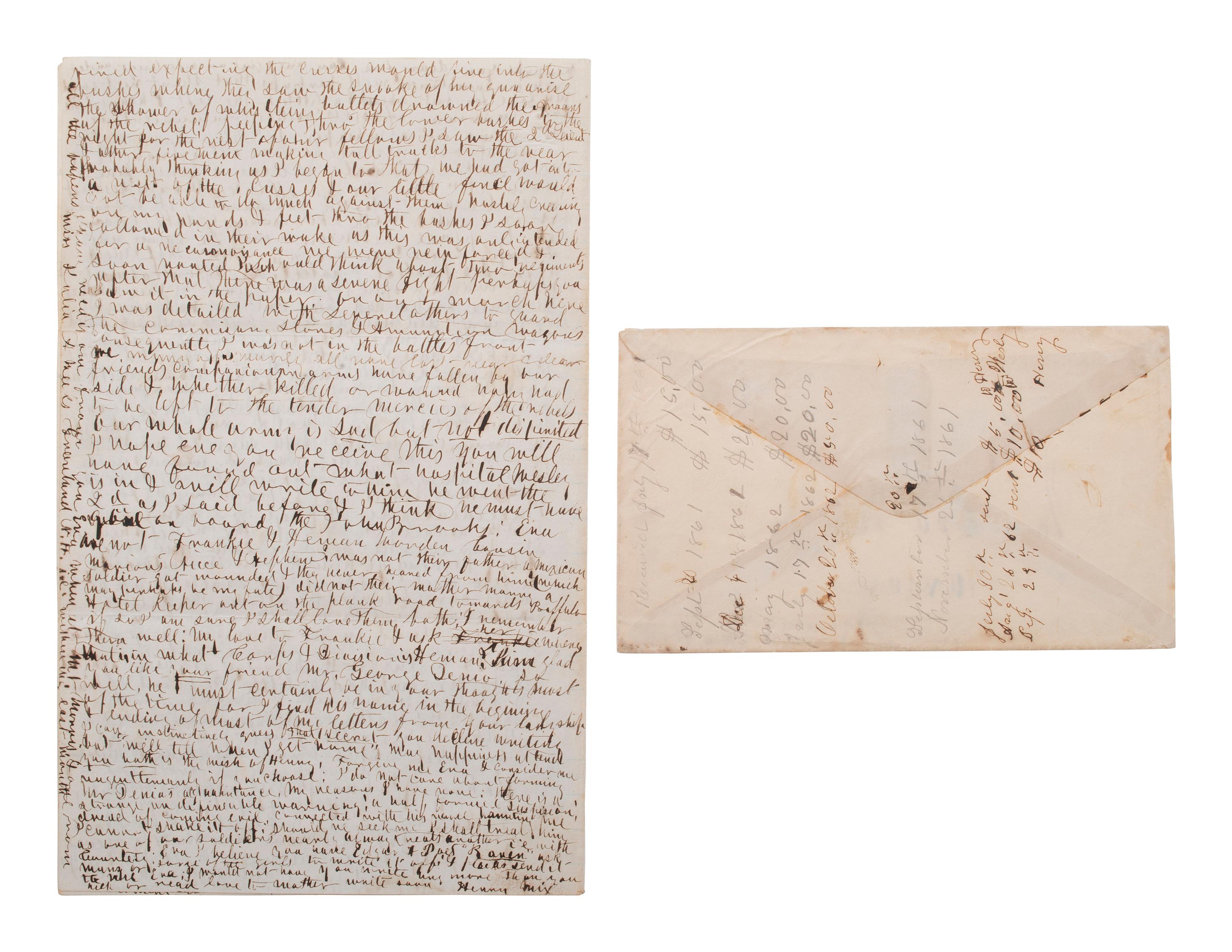 [CIVIL WAR]. Soldier's letter describing shooting a Confederate soldier by William Henry Mix, Company K, 2nd New Hampshire Infantry, WIA at Gettysburg. "Near Harrison's Landing, Va," 11 July 1862.