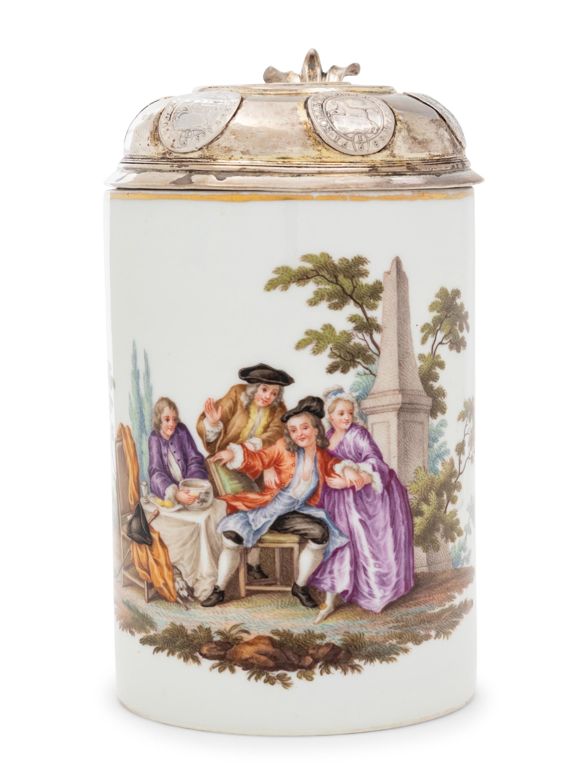 A Silver Mounted Meissen Porcelain Tankard