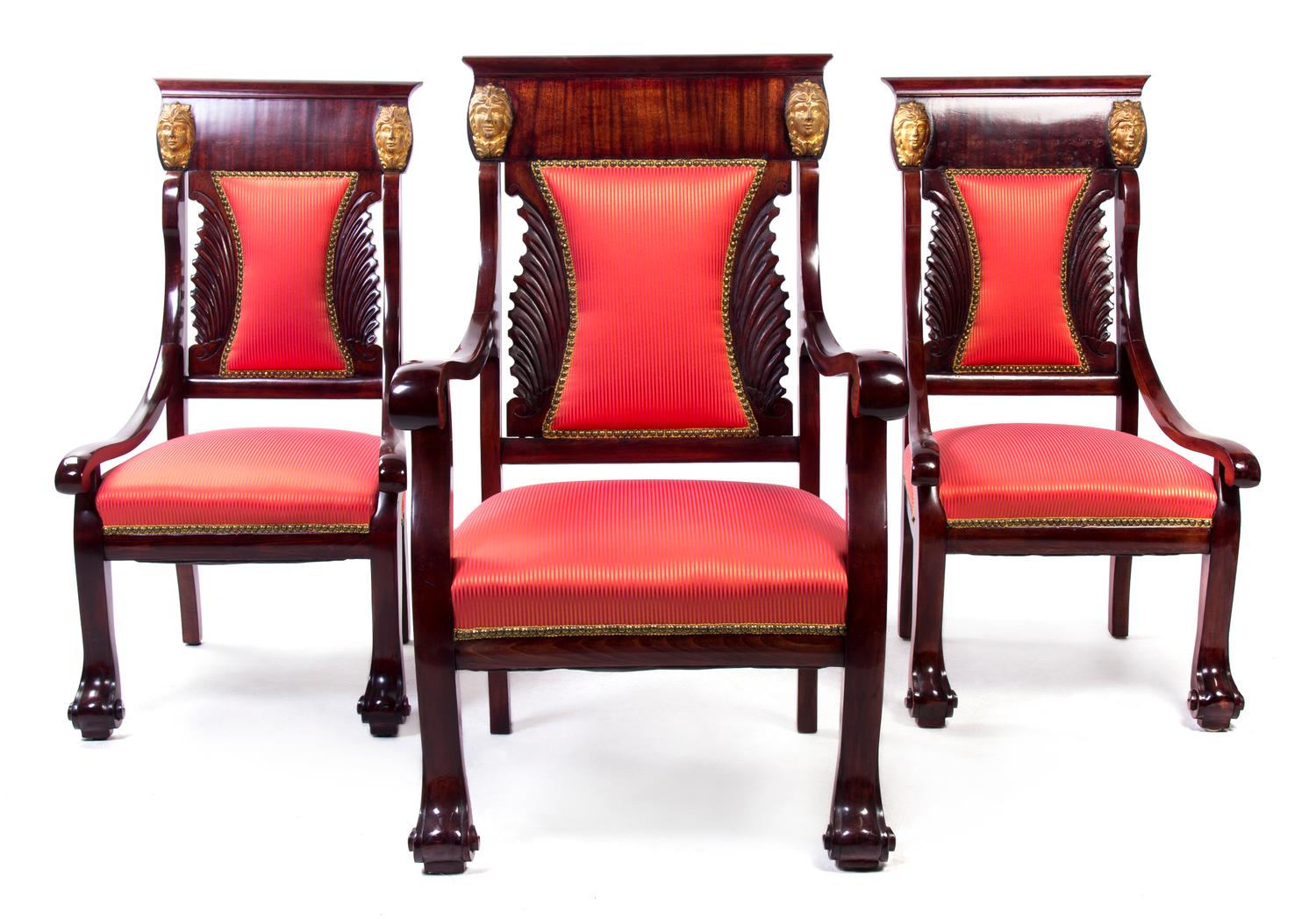 An Empire Style Parcel Gilt Mahogany Parlor Suite, Width of settee 51 inches.