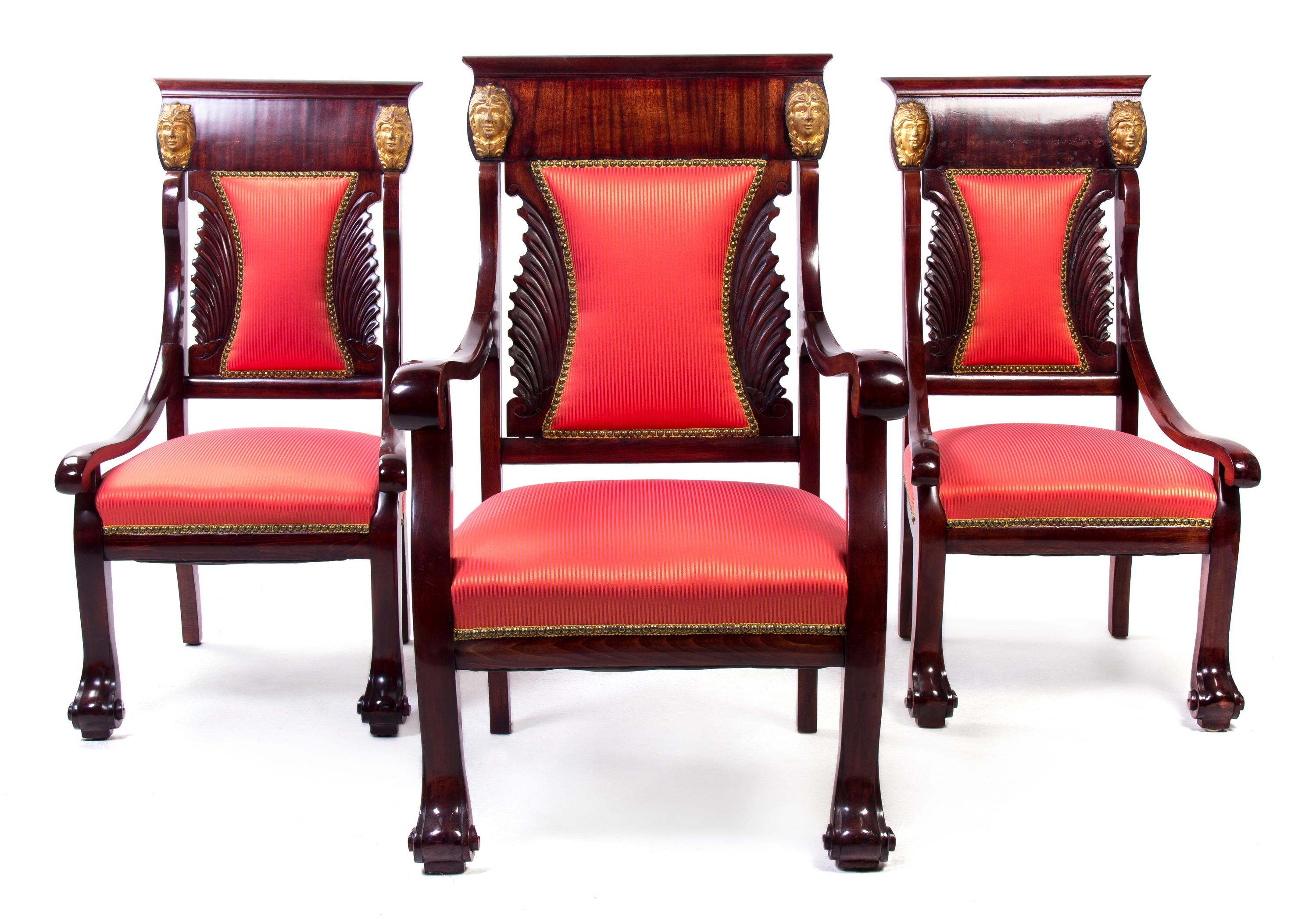 An Empire Style Parcel Gilt Mahogany Parlor Suite, Width of settee 51 inches.