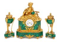 A French Gilt Bronze and Malachite Clock Garniture Height of mantel clock 20 inches. — 19TH CENTURY