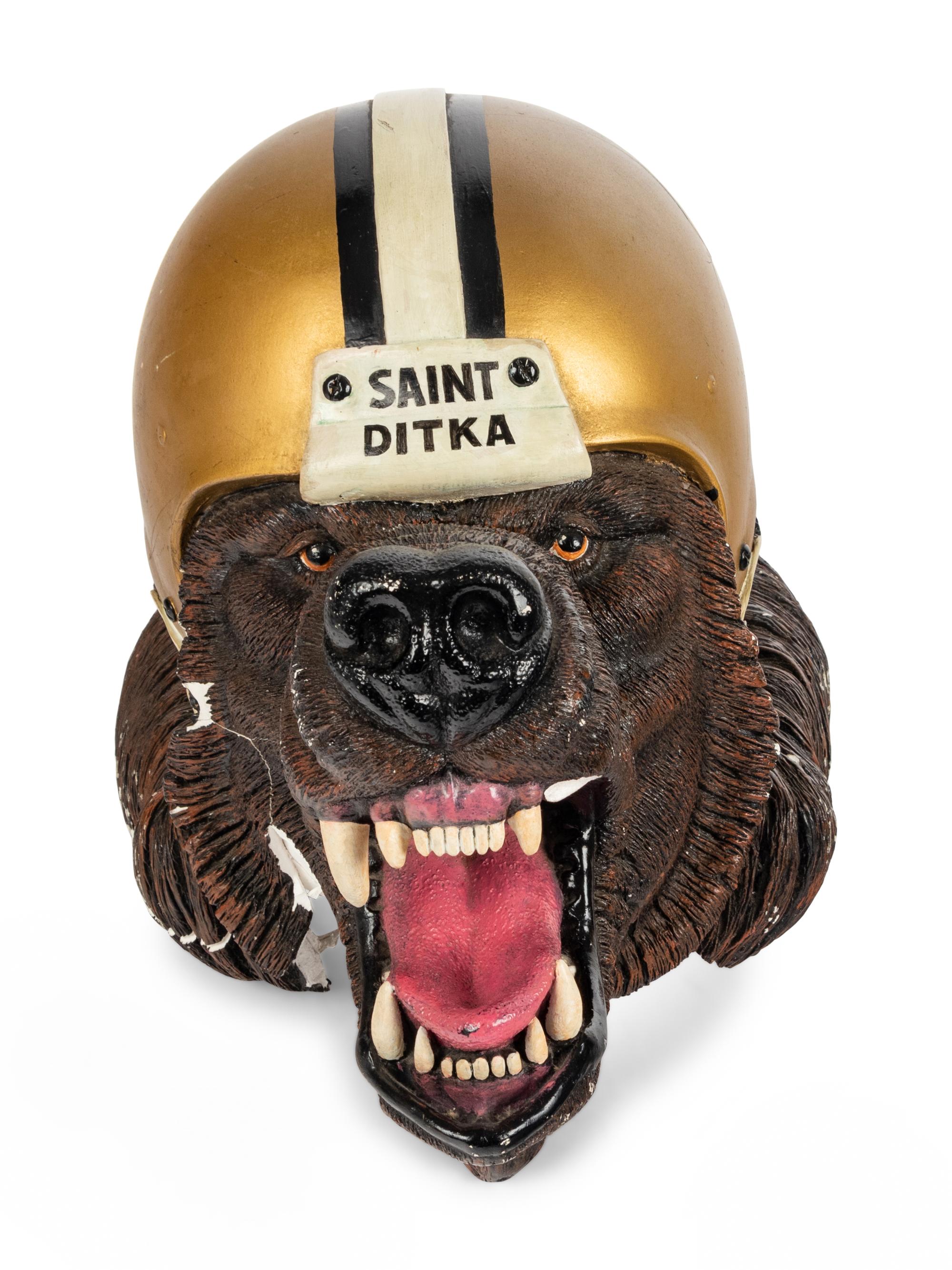 A Carved “Saint Ditka” Bear Head Decorative Piece Formerly Displayed at Mike Ditka's Restaurant