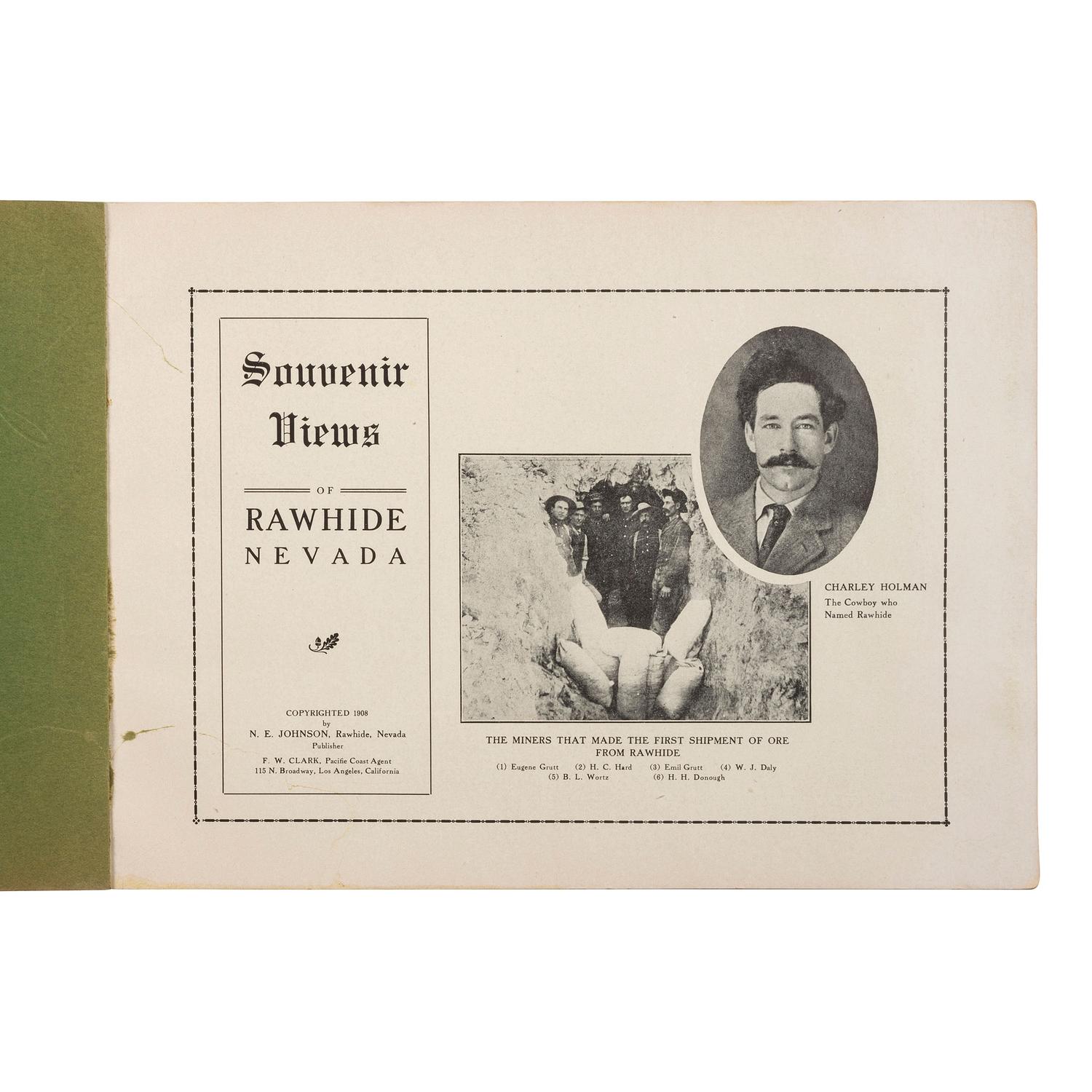 [MINING - NEVADA]. A group of 3 early mining images and a photograph booklet of mining activity in Virginia City, Goldfield, and Rawhide, Nevada, comprising: