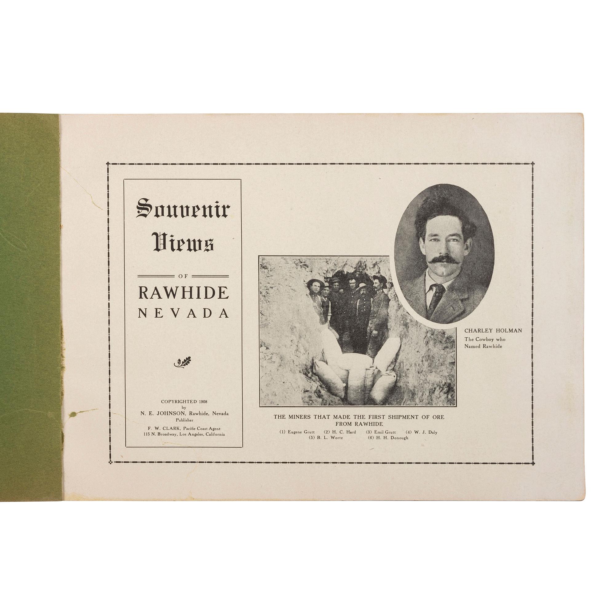 [MINING - NEVADA]. A group of 3 early mining images and a photograph booklet of mining activity in Virginia City, Goldfield, and Rawhide, Nevada, comprising: