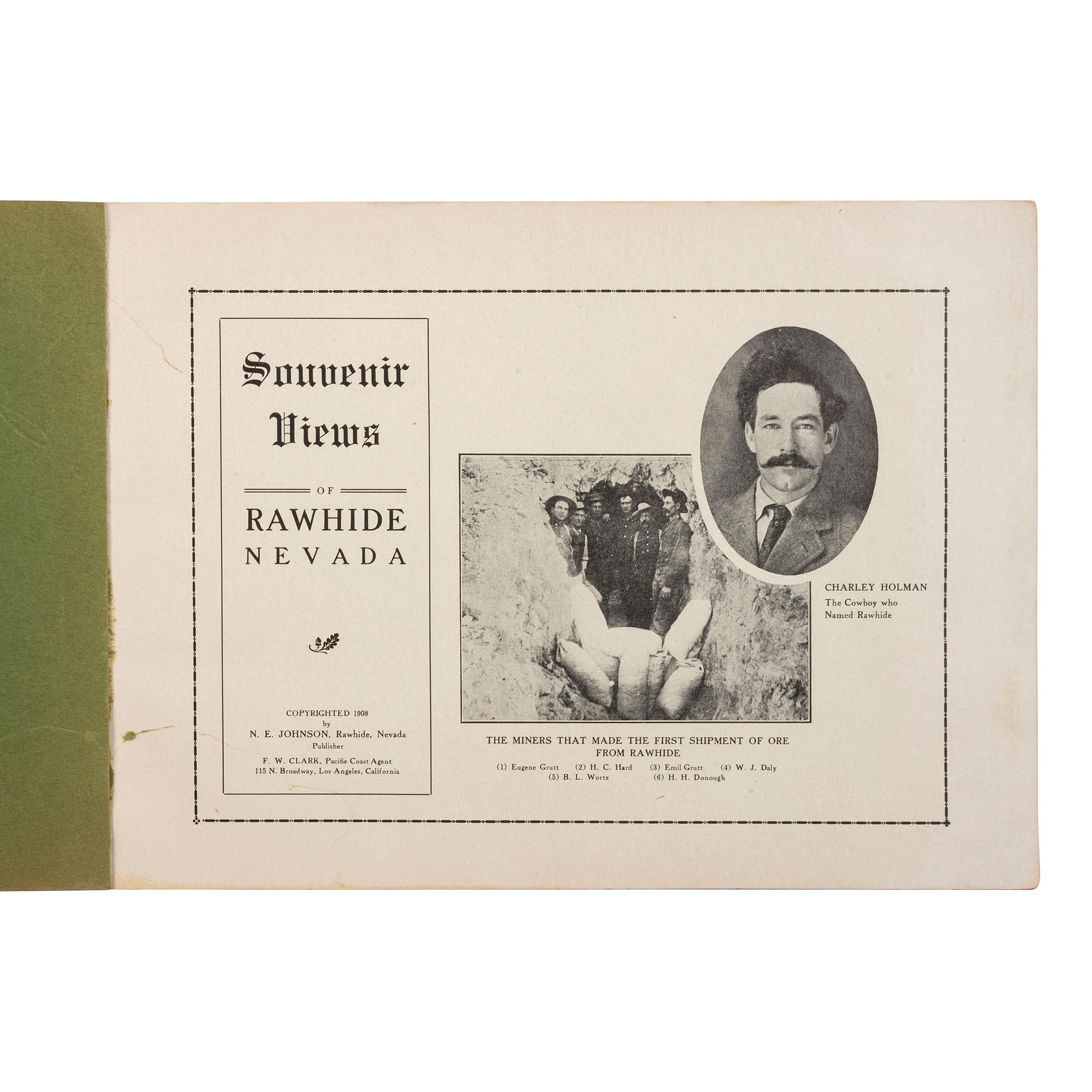 [MINING - NEVADA]. A group of 3 early mining images and a photograph booklet of mining activity in Virginia City, Goldfield, and Rawhide, Nevada, comprising: