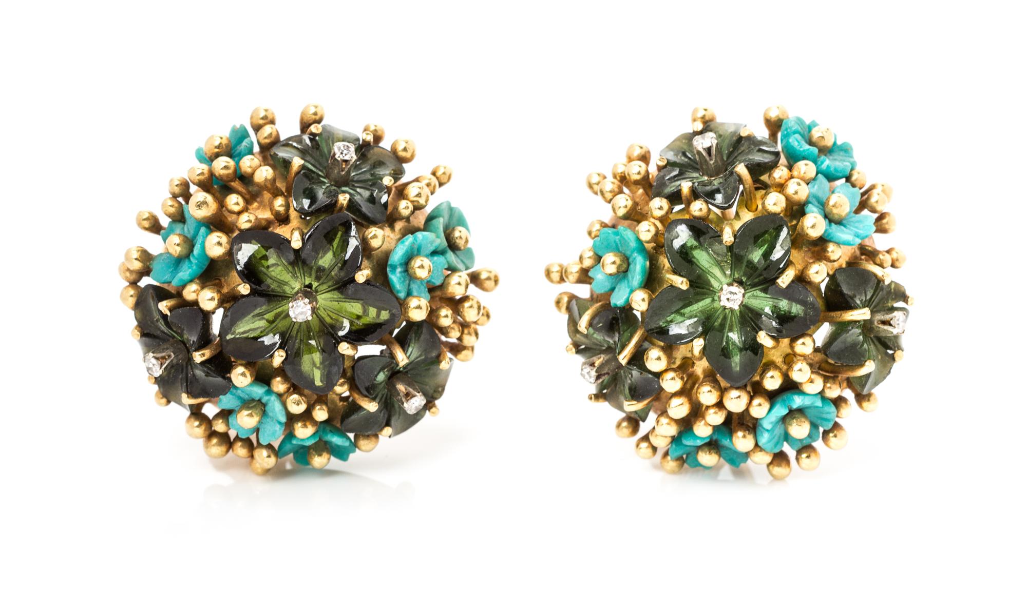 A Pair of 18 Karat Yellow Gold, Diamond and Multi Gem Earclips, Tiffany & Co., 17.40 dwts.