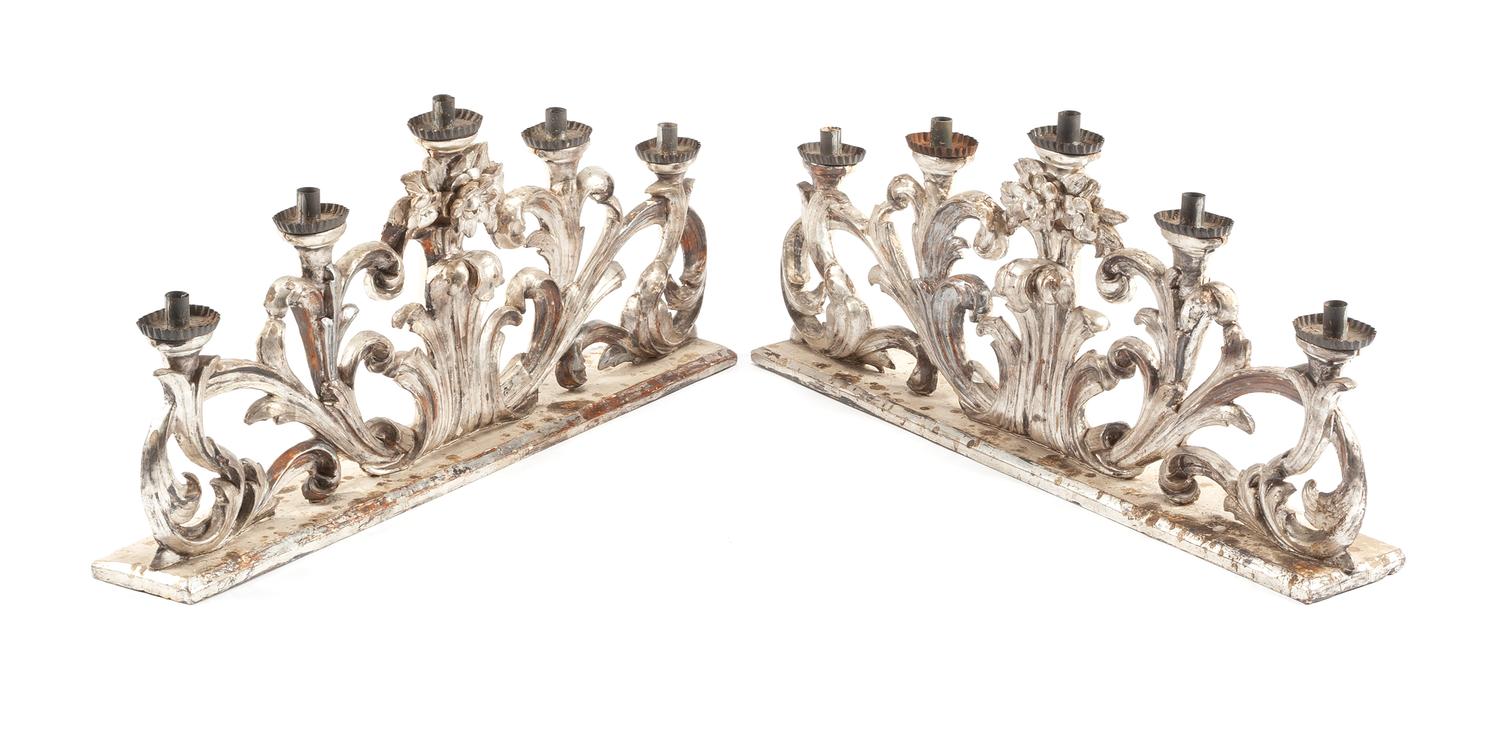 A Pair of Italian Silvered Wood Five-Light Candelabra Width 33 inches. — 19TH CENTURY