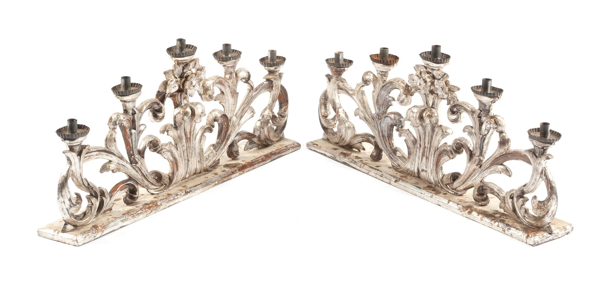 A Pair of Italian Silvered Wood Five-Light Candelabra Width 33 inches. — 19TH CENTURY