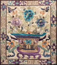 Two Chinese Cream Ground Embroidered Silk Panels