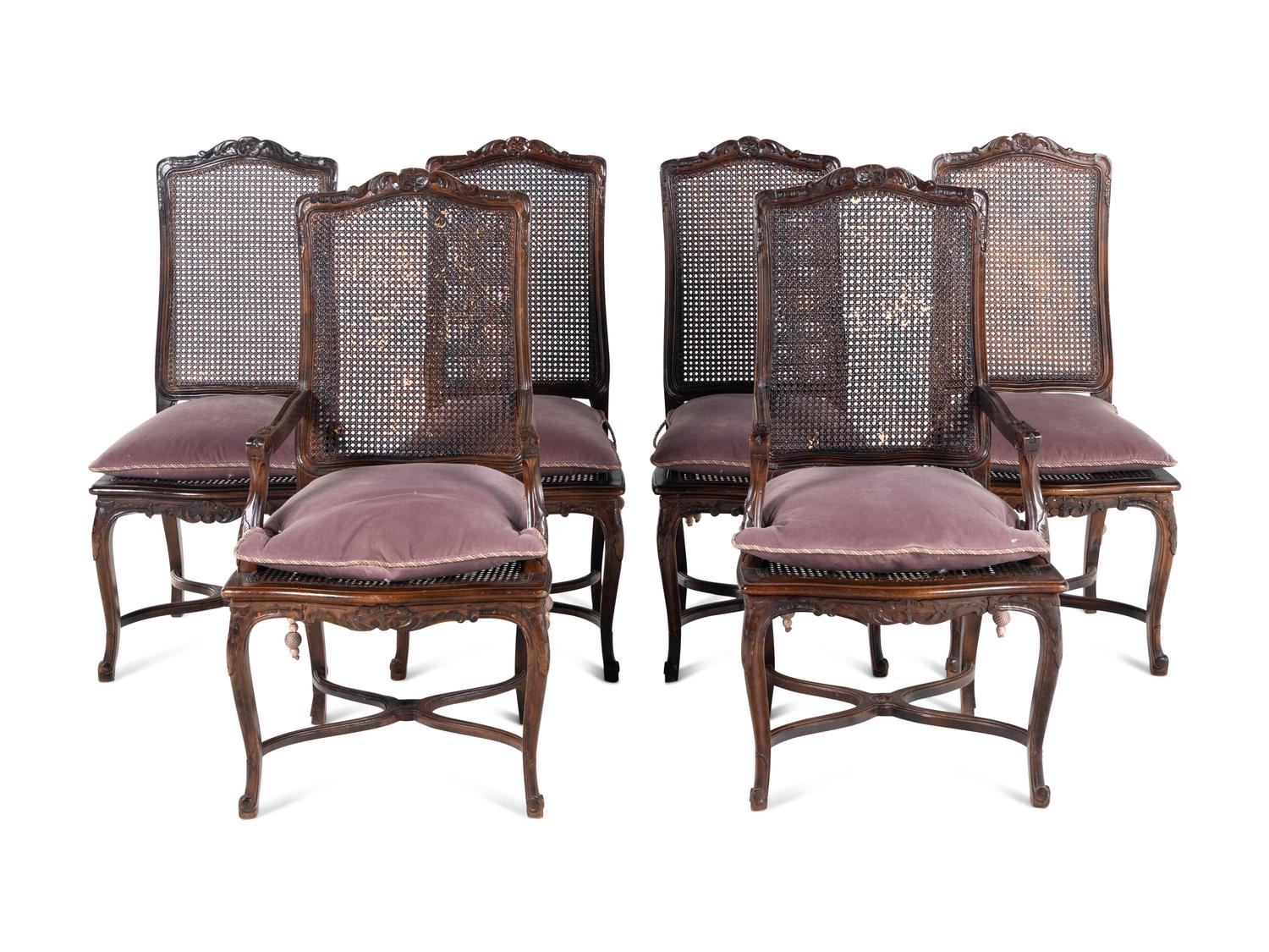 A Set of Six Louis XV Style Caned Dining Chairs