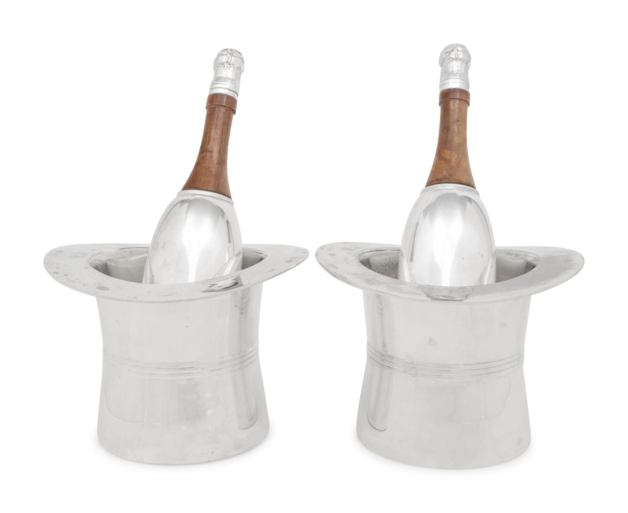 A Pair of Silver-Plate Champagne-Themed Cocktail Shakers and Ice Buckets
