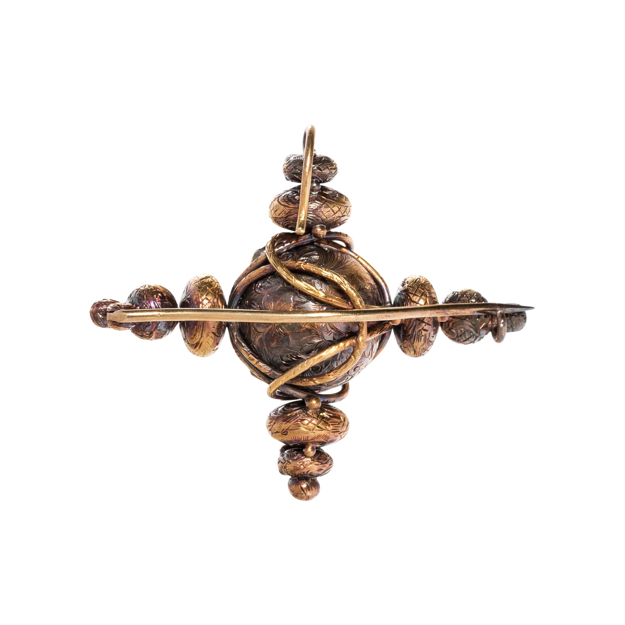 ANTIQUE, SILVER, YELLOW GOLD AND EMERALD BROOCH