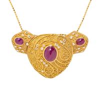 YELLOW GOLD, RUBY AND DIAMOND PENDANT/NECKLACE