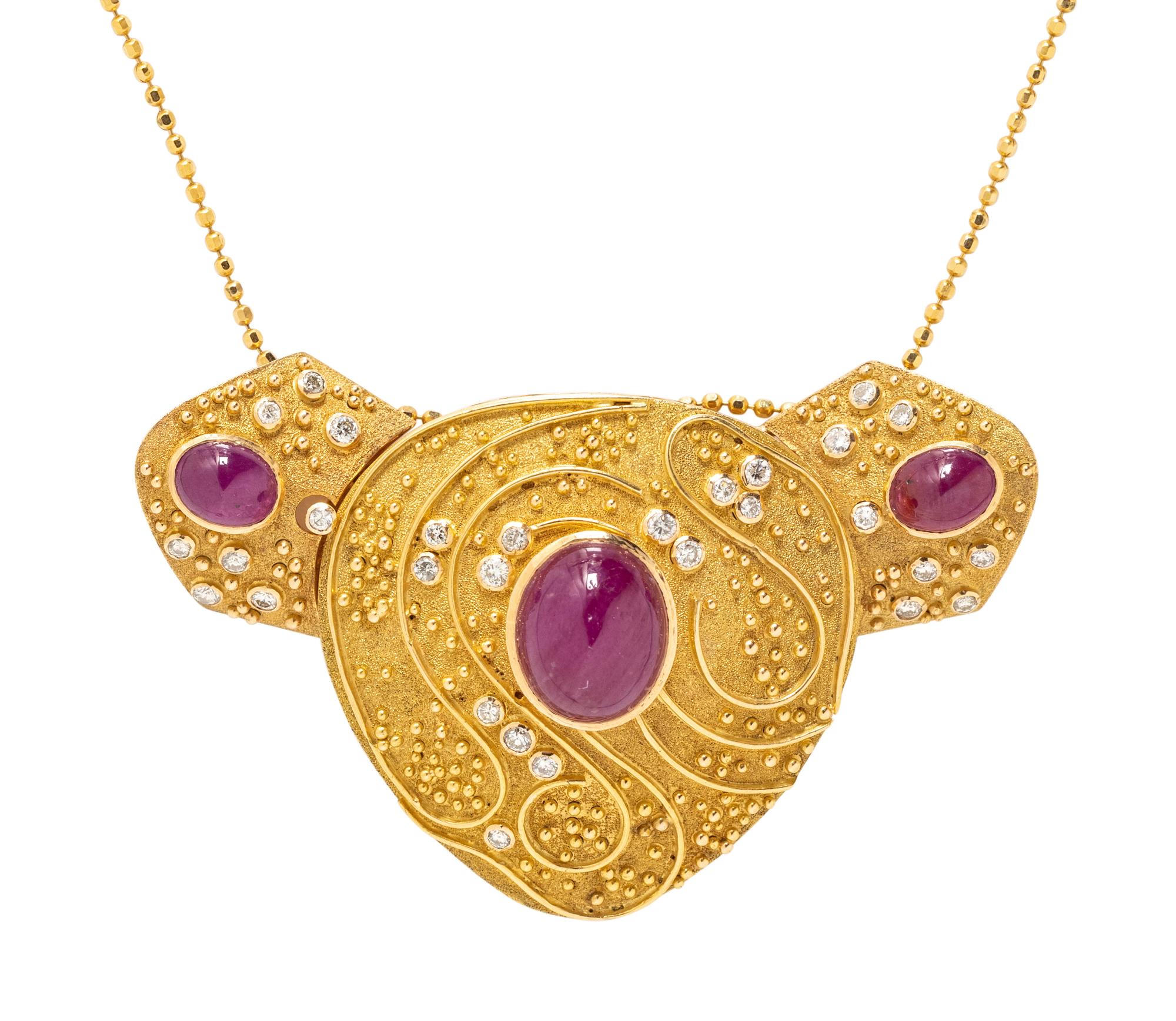 YELLOW GOLD, RUBY AND DIAMOND PENDANT/NECKLACE