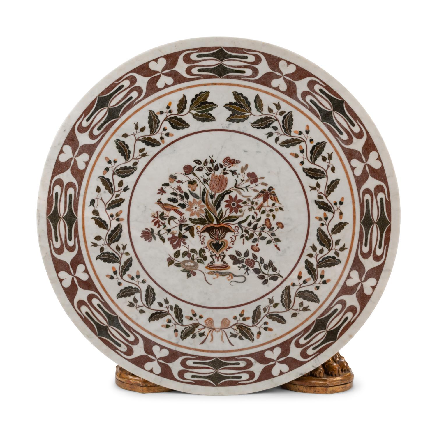 An Italian Baroque Style Giltwood Table Base with an Associated Scagliola Top