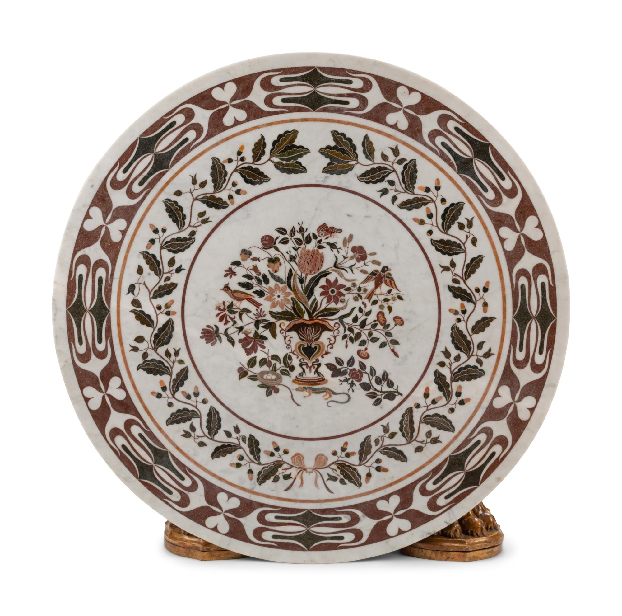 An Italian Baroque Style Giltwood Table Base with an Associated Scagliola Top
