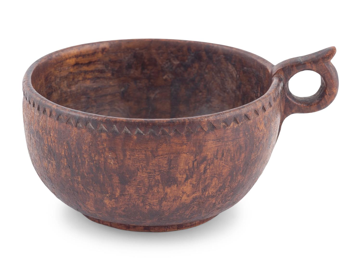A Finely Turned and Carved Burlwood Cup with Handle